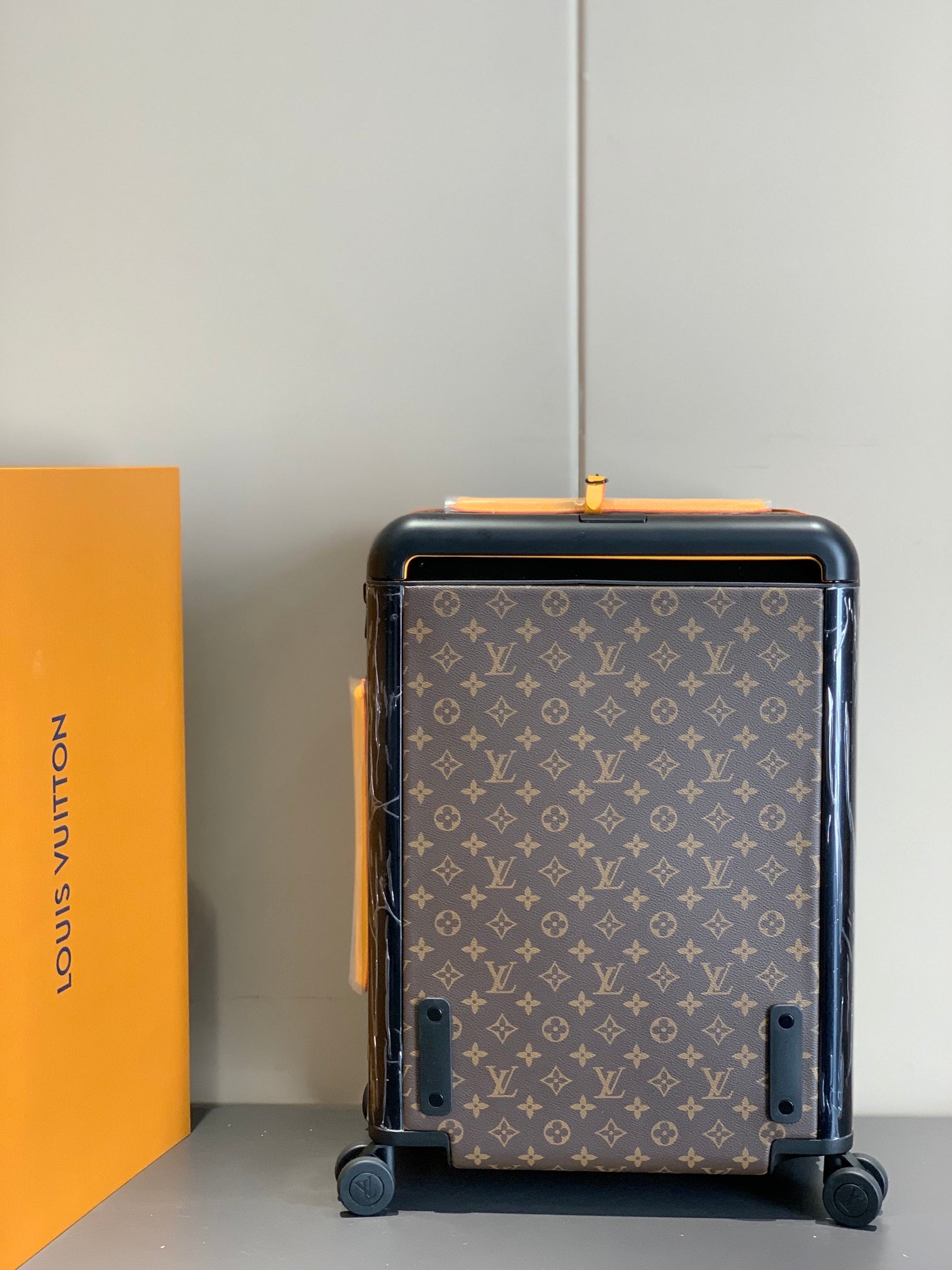 Brown Monogram Spinner Luggage Carry-On Suitcase with Yellow Trim