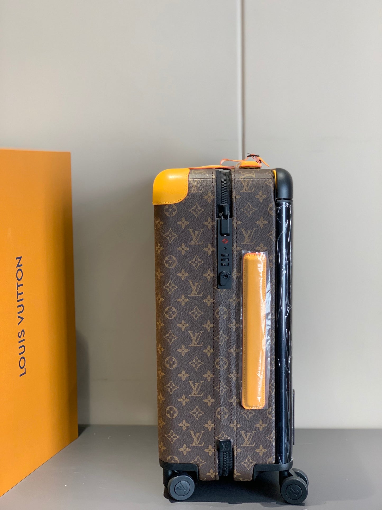 Brown Monogram Spinner Luggage Carry-On Suitcase with Yellow Trim
