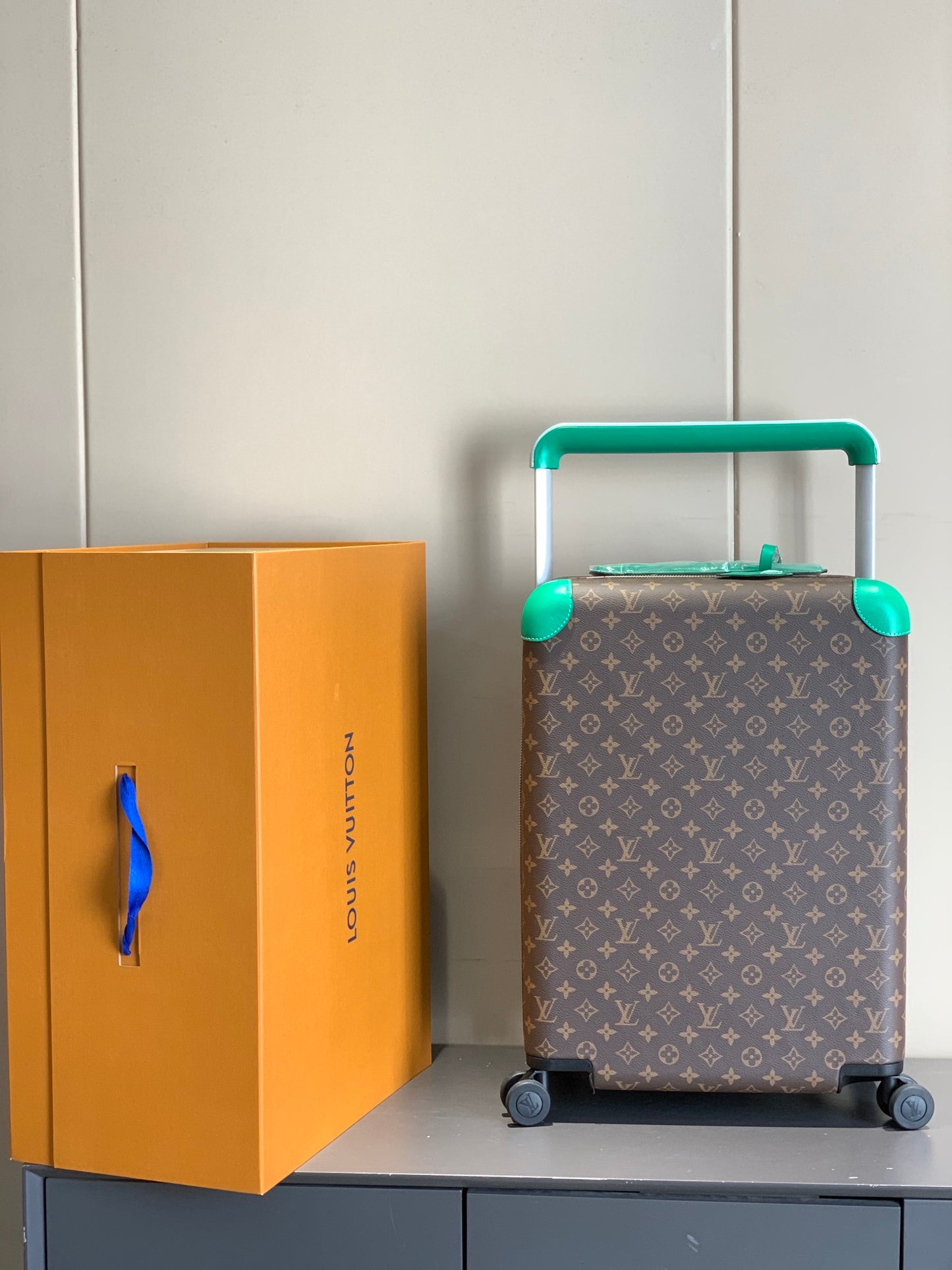 Brown Monogram Rolling Suitcase with Green Handle and Spinner Wheels
