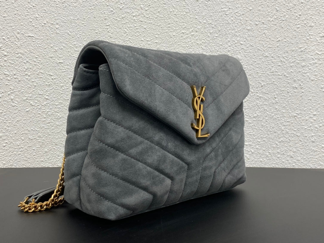 Saint Laurent Small Loulou Suede Shoulder Bag in Grey with Gold-Tone Hardware