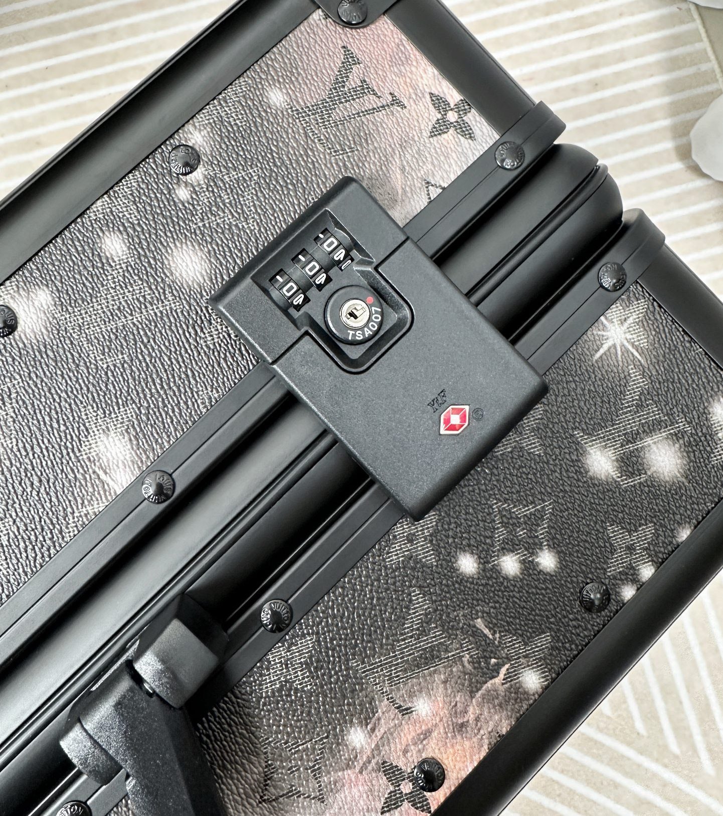 Black and White Monogram Print Hardside Spinner Carry-On Suitcase
