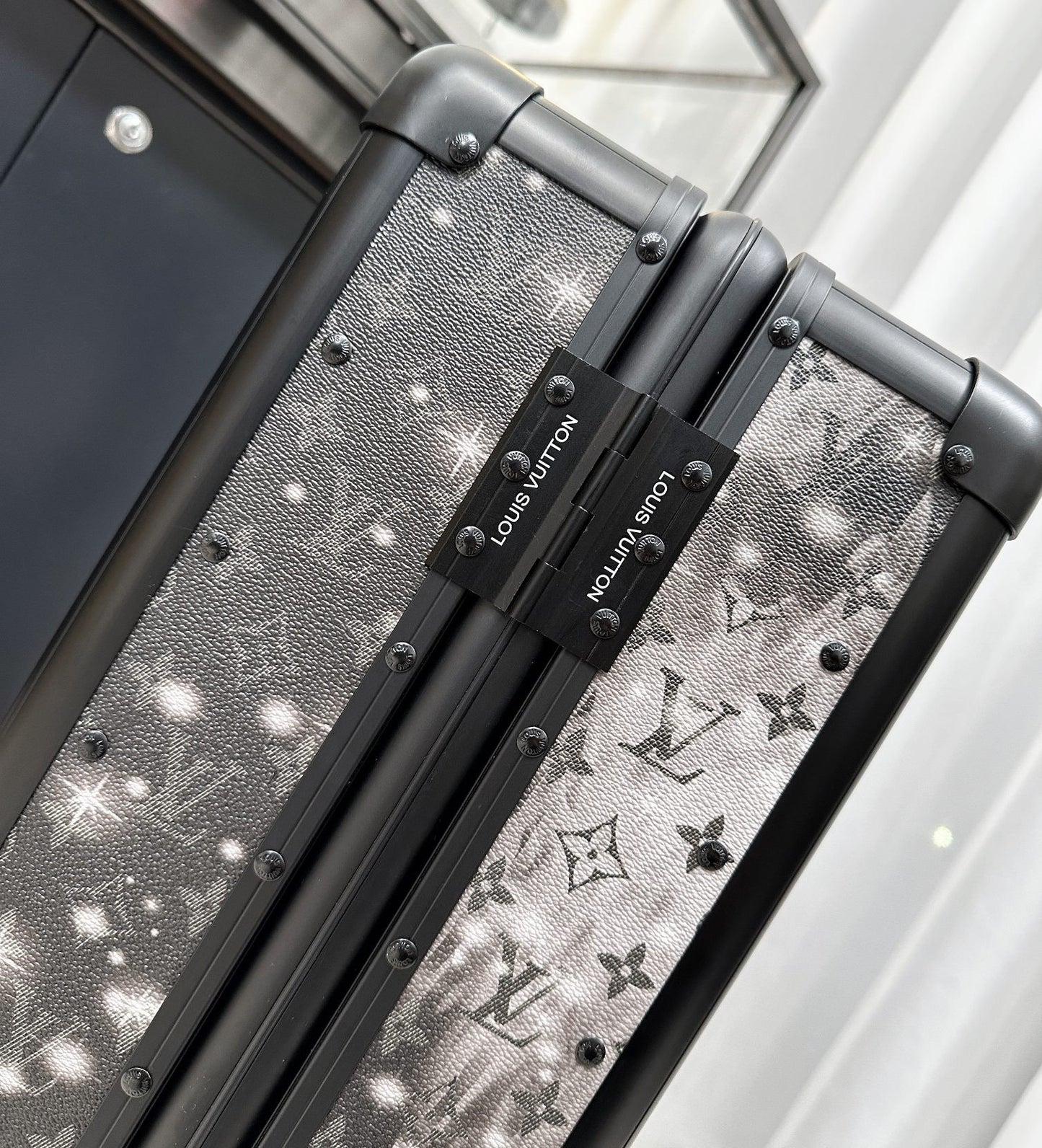 Black and White Monogram Print Hardside Spinner Carry-On Suitcase
