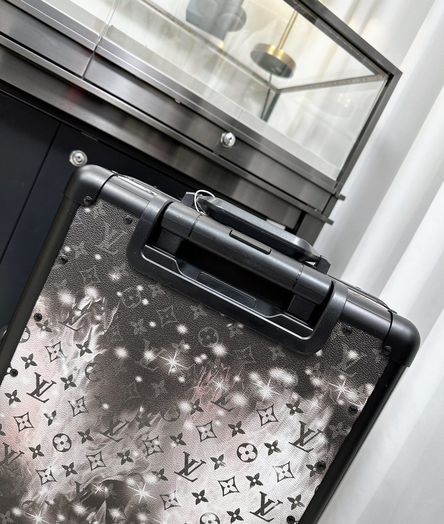 Black and White Monogram Print Hardside Spinner Carry-On Suitcase