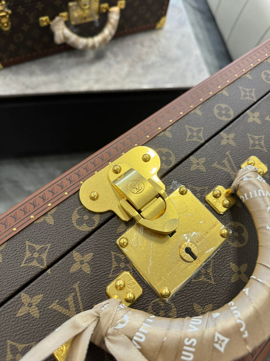 Vintage Brown Monogram Pattern Hard Trunk Case with Gold Latch