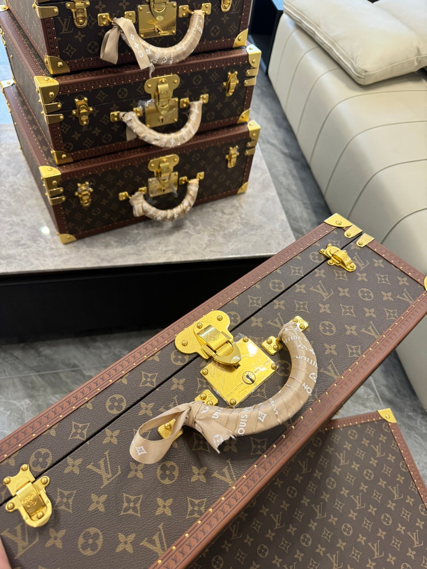 Vintage Brown Monogram Pattern Hard Trunk Case with Gold Latch