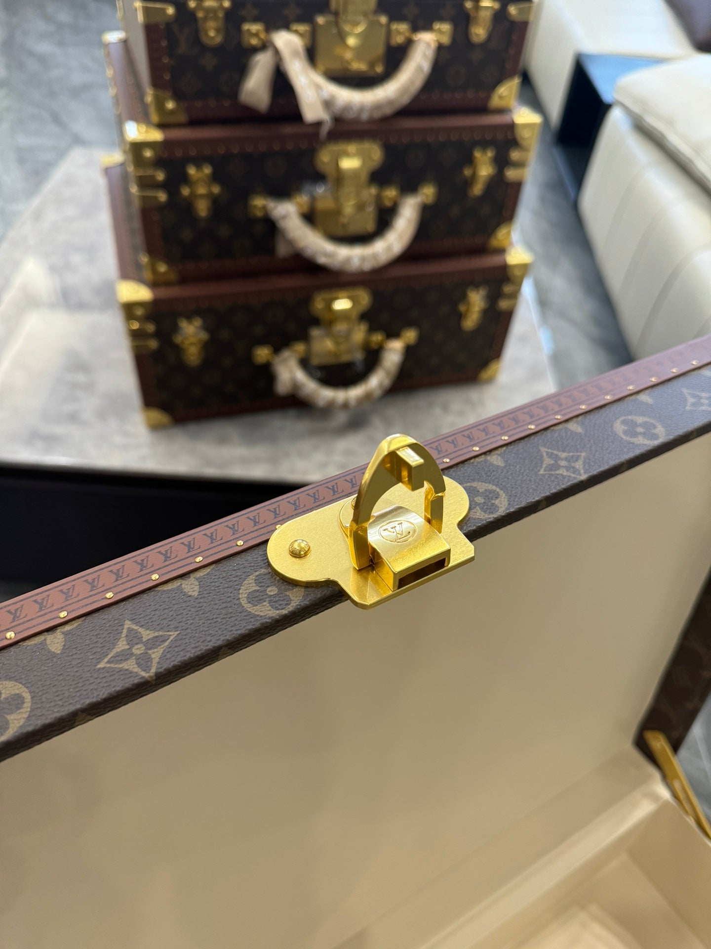 Vintage Brown Monogram Pattern Hard Trunk Case with Gold Latch