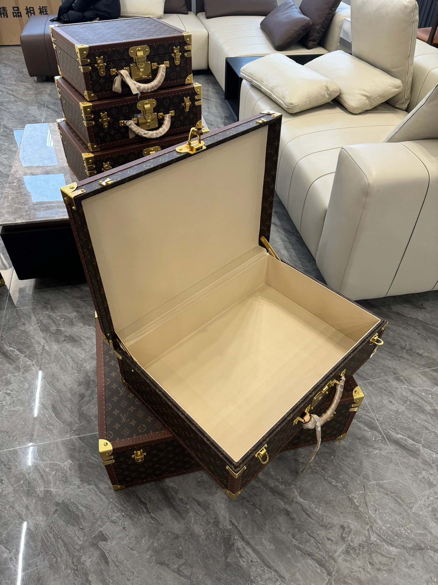 Vintage Brown Monogram Pattern Hard Trunk Case with Gold Latch