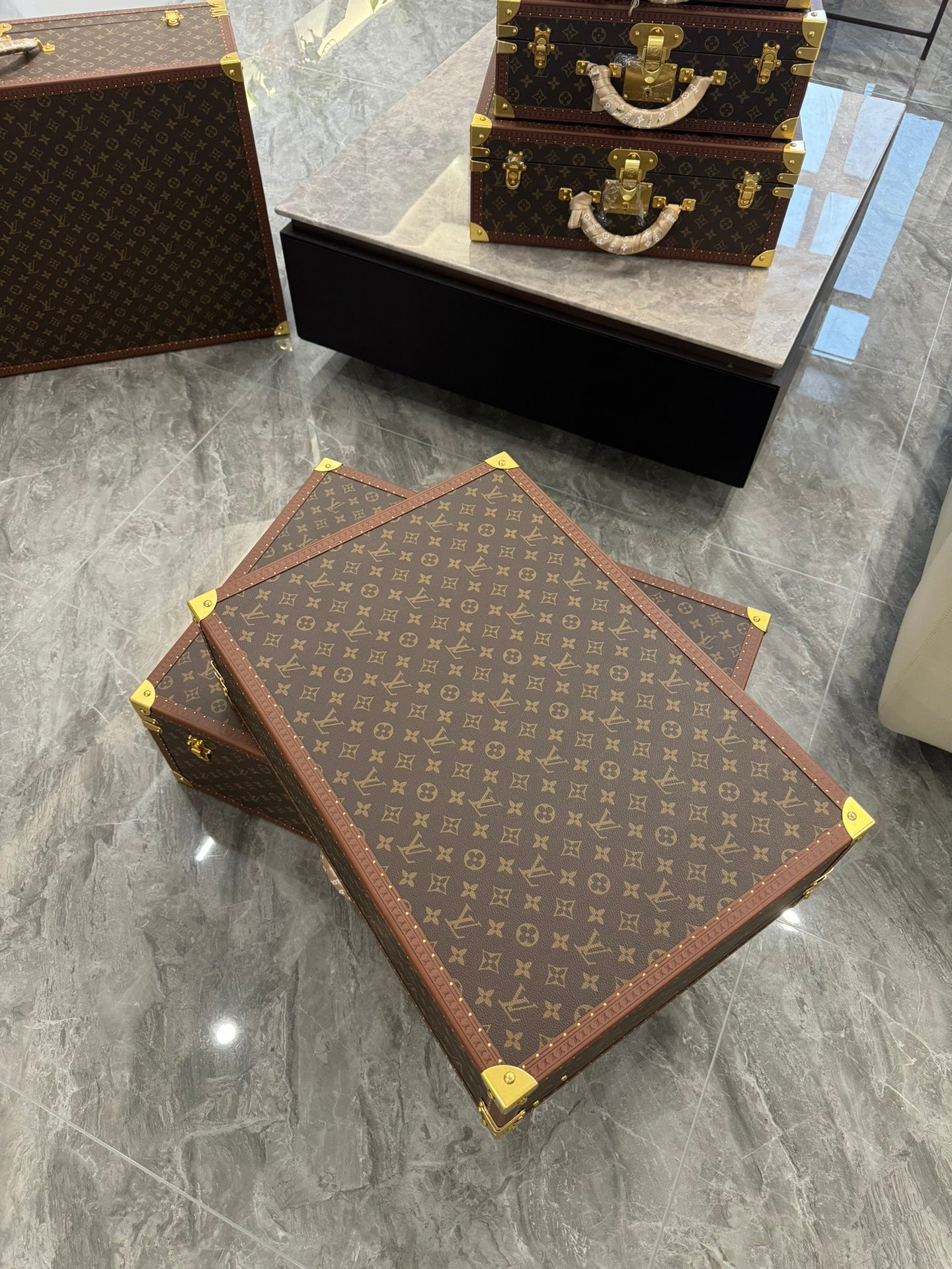 Vintage Monogram Hardcase Trunk Suitcase Set with Gold Accents