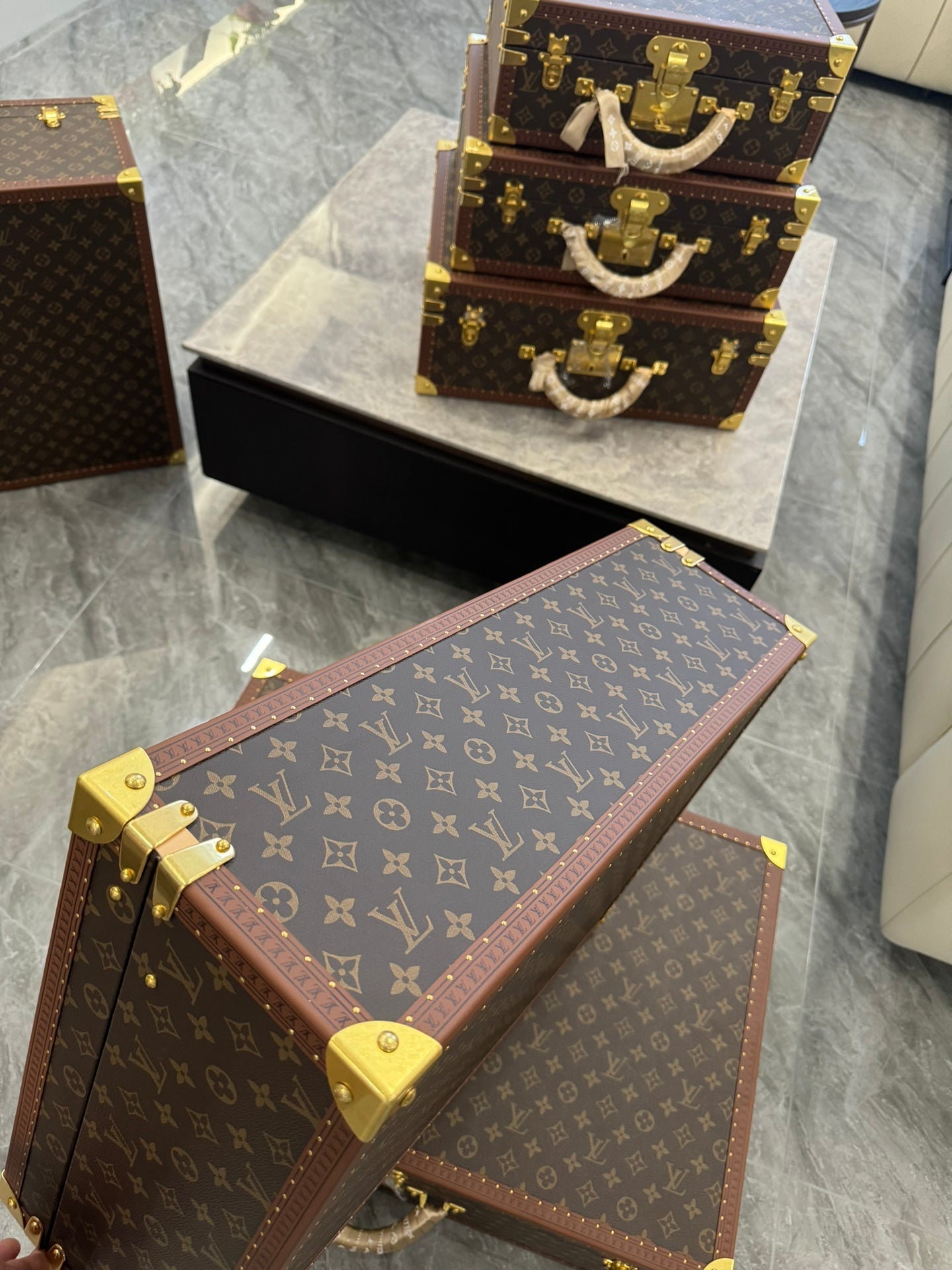 Vintage Monogram Hardcase Trunk Suitcase Set with Gold Accents