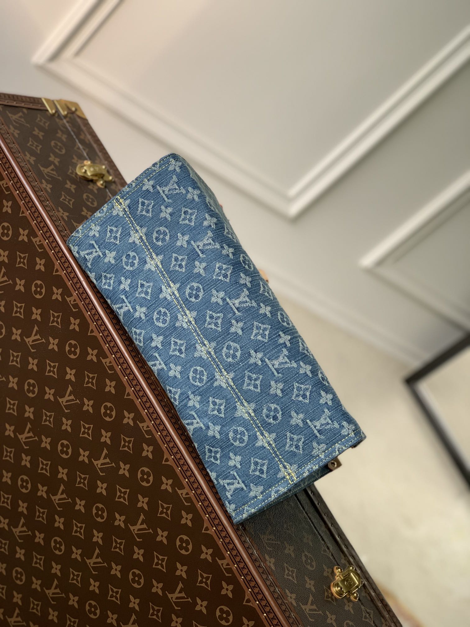Louis Vuitton Classic Blue Denim Monogram Pattern Tote Handbag with Leather Handles