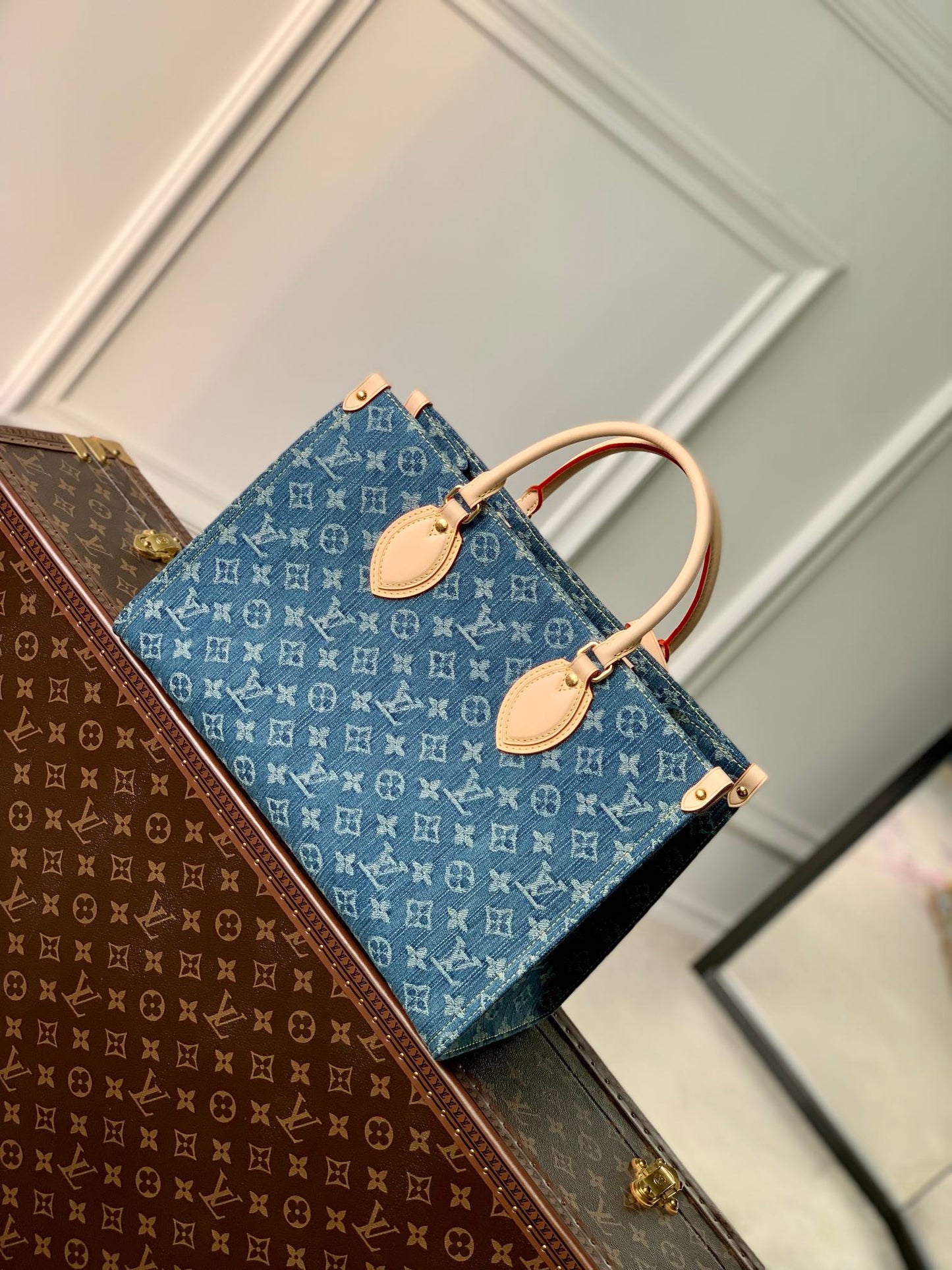 Louis Vuitton Classic Blue Denim Monogram Pattern Tote Handbag with Leather Handles