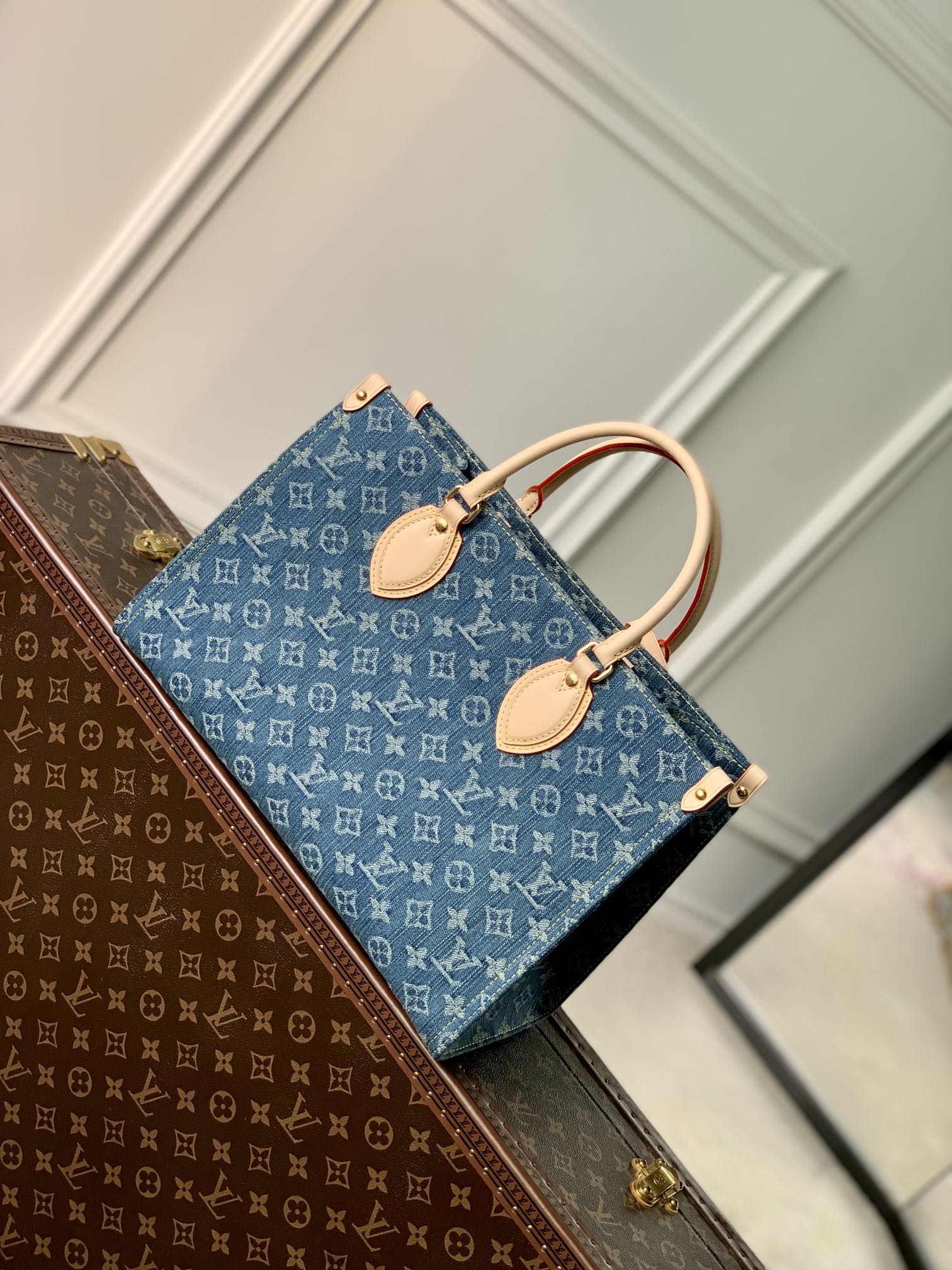 Louis Vuitton Classic Blue Denim Monogram Pattern Tote Handbag with Leather Handles