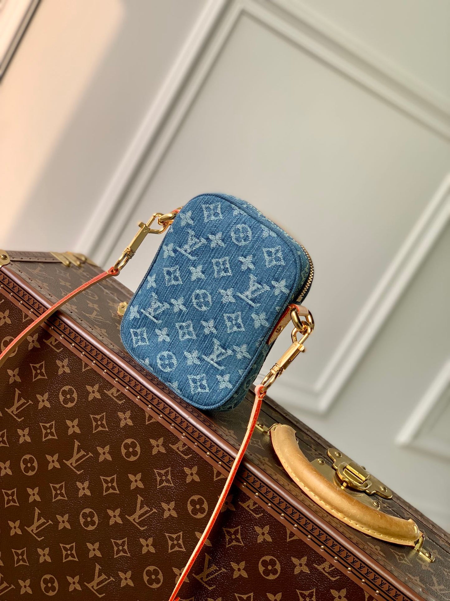 Louis Vuitton Vintage Monogram Blue Denim Crossbody Shoulder Bag with Gold Clasp