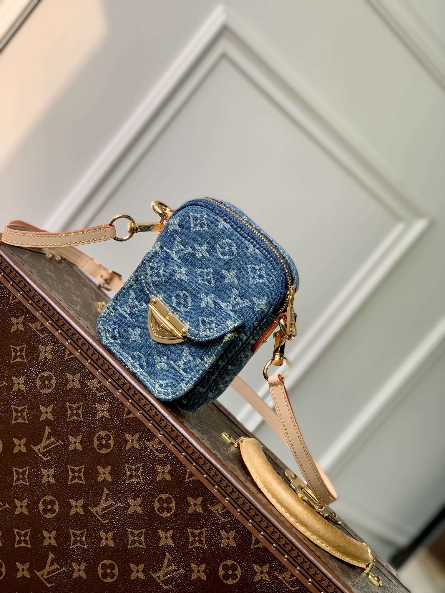 Louis Vuitton Vintage Monogram Blue Denim Crossbody Shoulder Bag with Gold Clasp