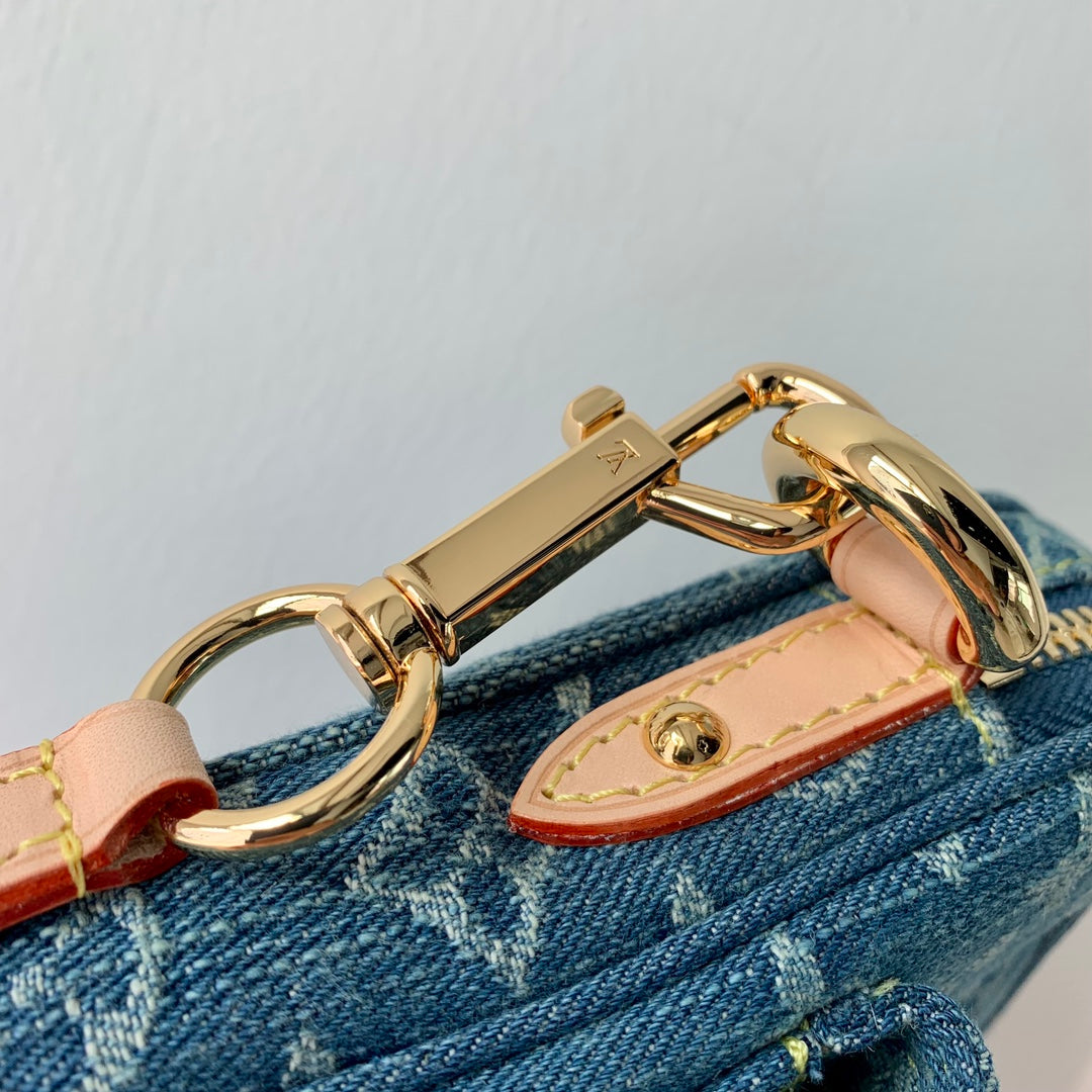 Louis Vuitton Vintage Monogram Blue Denim Crossbody Shoulder Bag with Gold Clasp