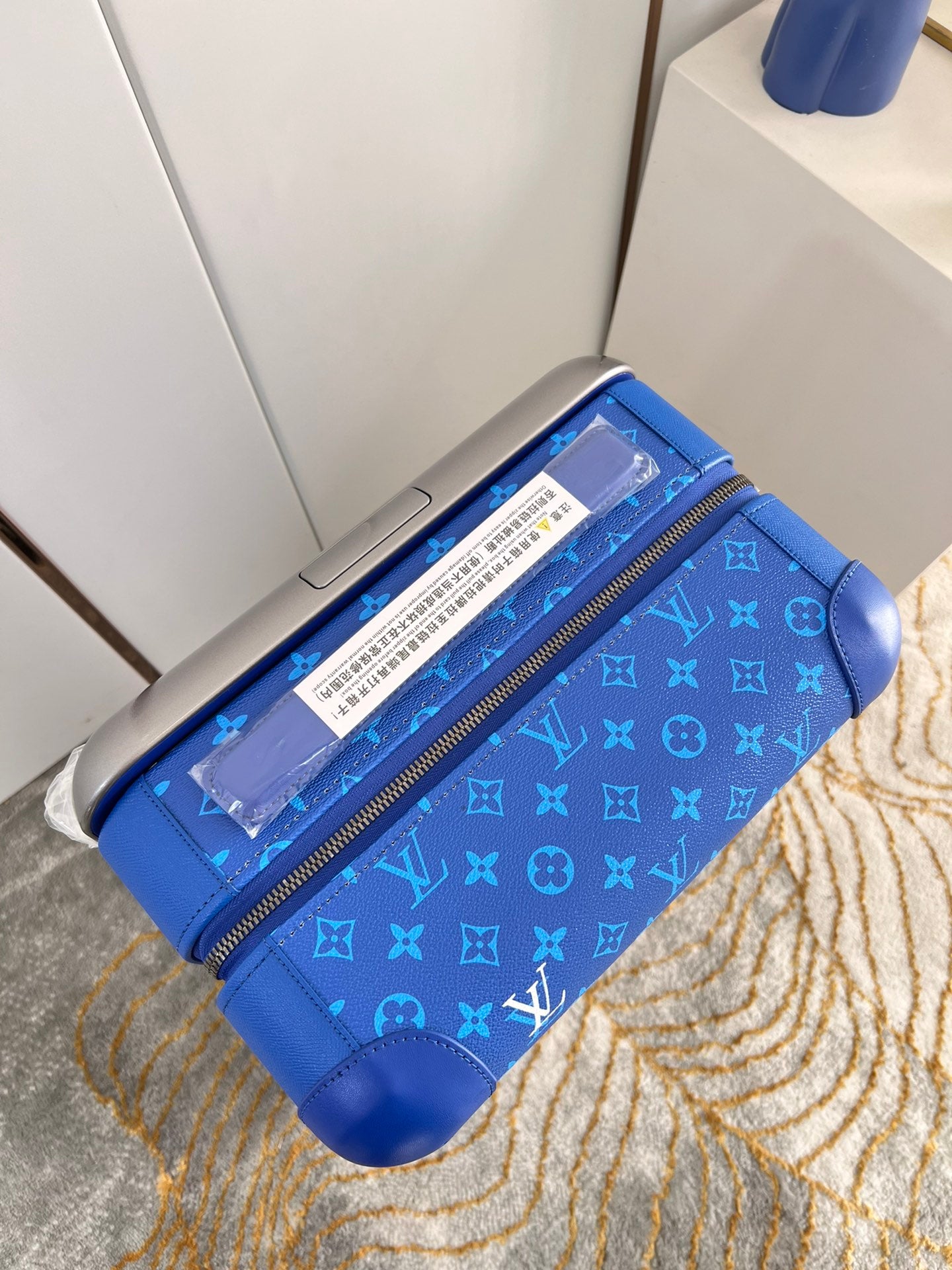 Blue Monogram Hardside Carry-On Spinner Suitcase with Cute Puppies