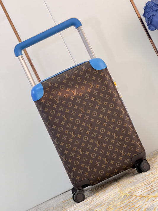 Classic Brown Monogram Rolling Suitcase with Blue Accents