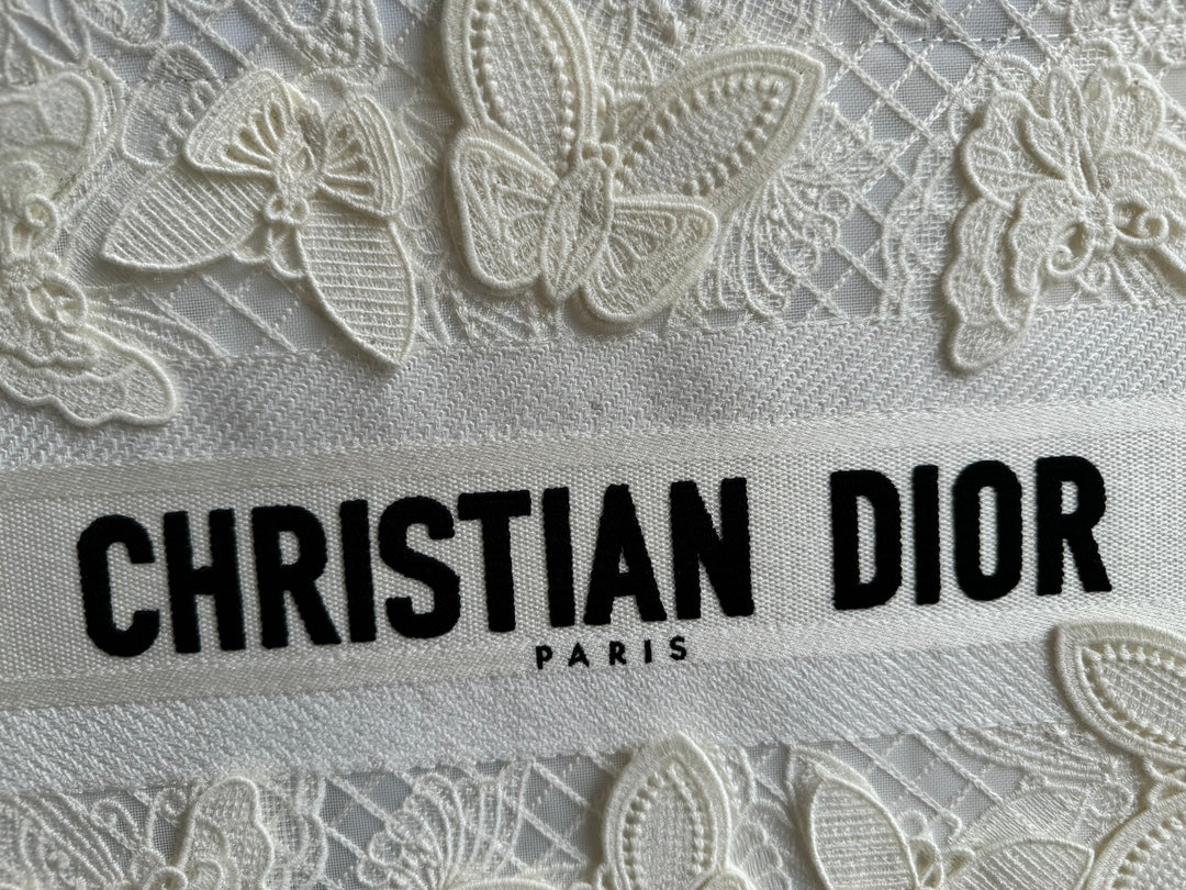 Dior Elegant White Butterfly Embroidered Canvas Tote Handbag
