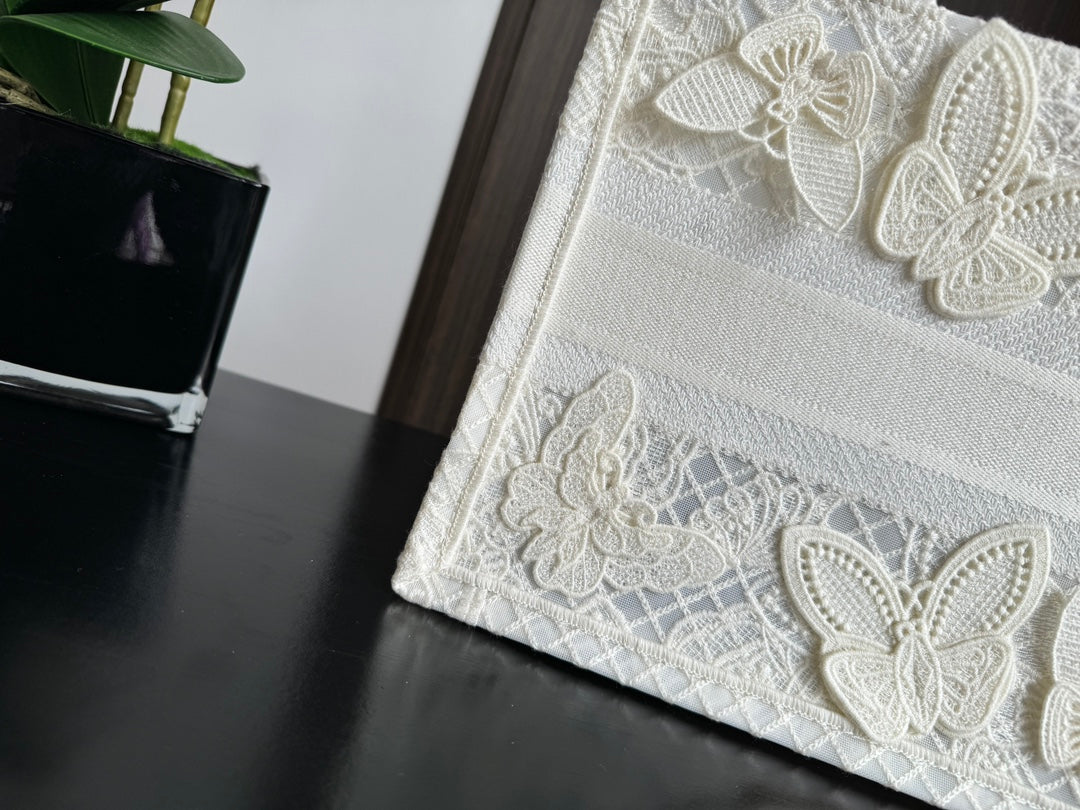 Christian Dior Medium Book Tote - White Butterfly Embroidery Canvas Bag