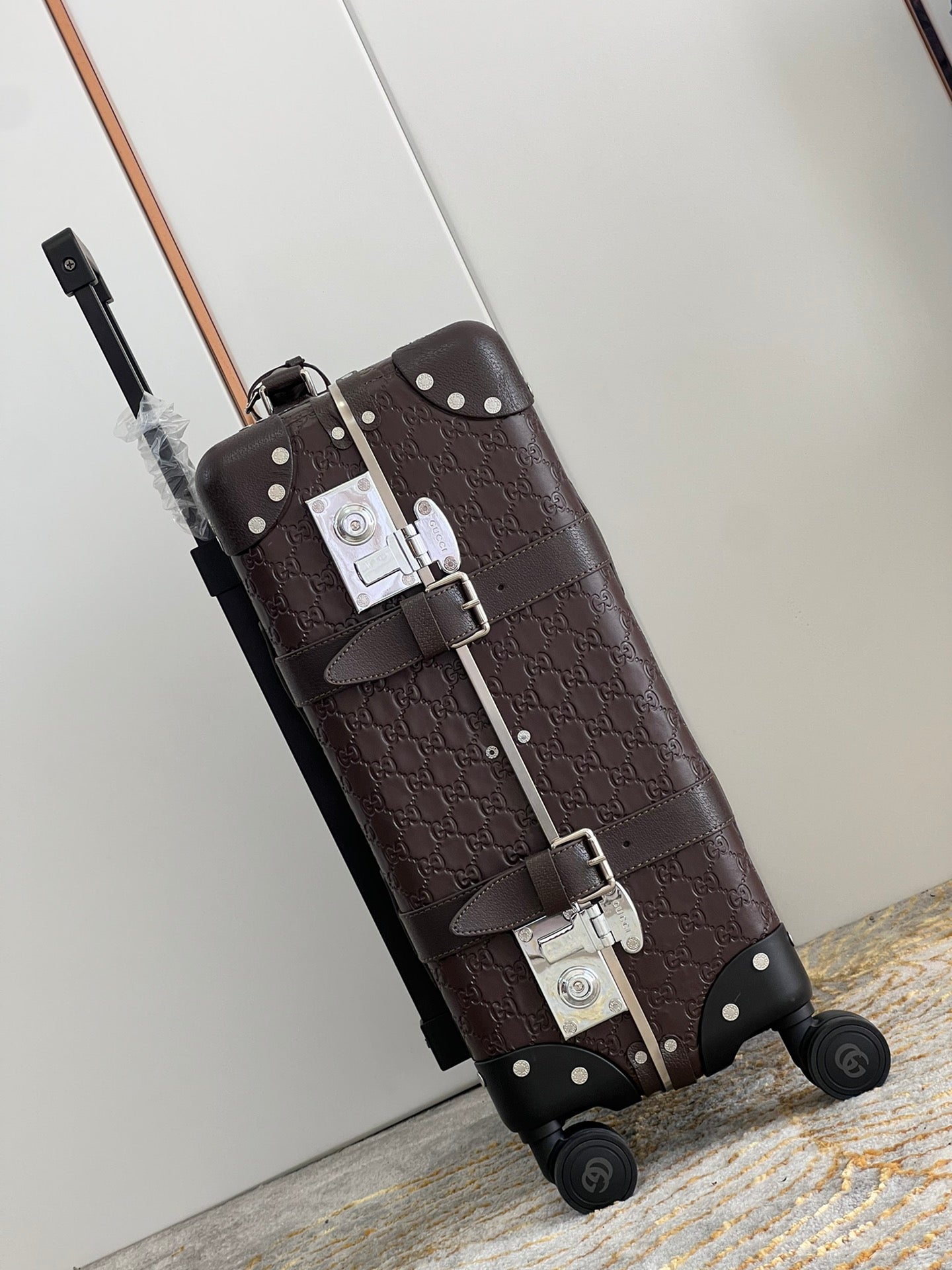 Vintage Brown Embossed Leather Spinner Luggage Suitcase