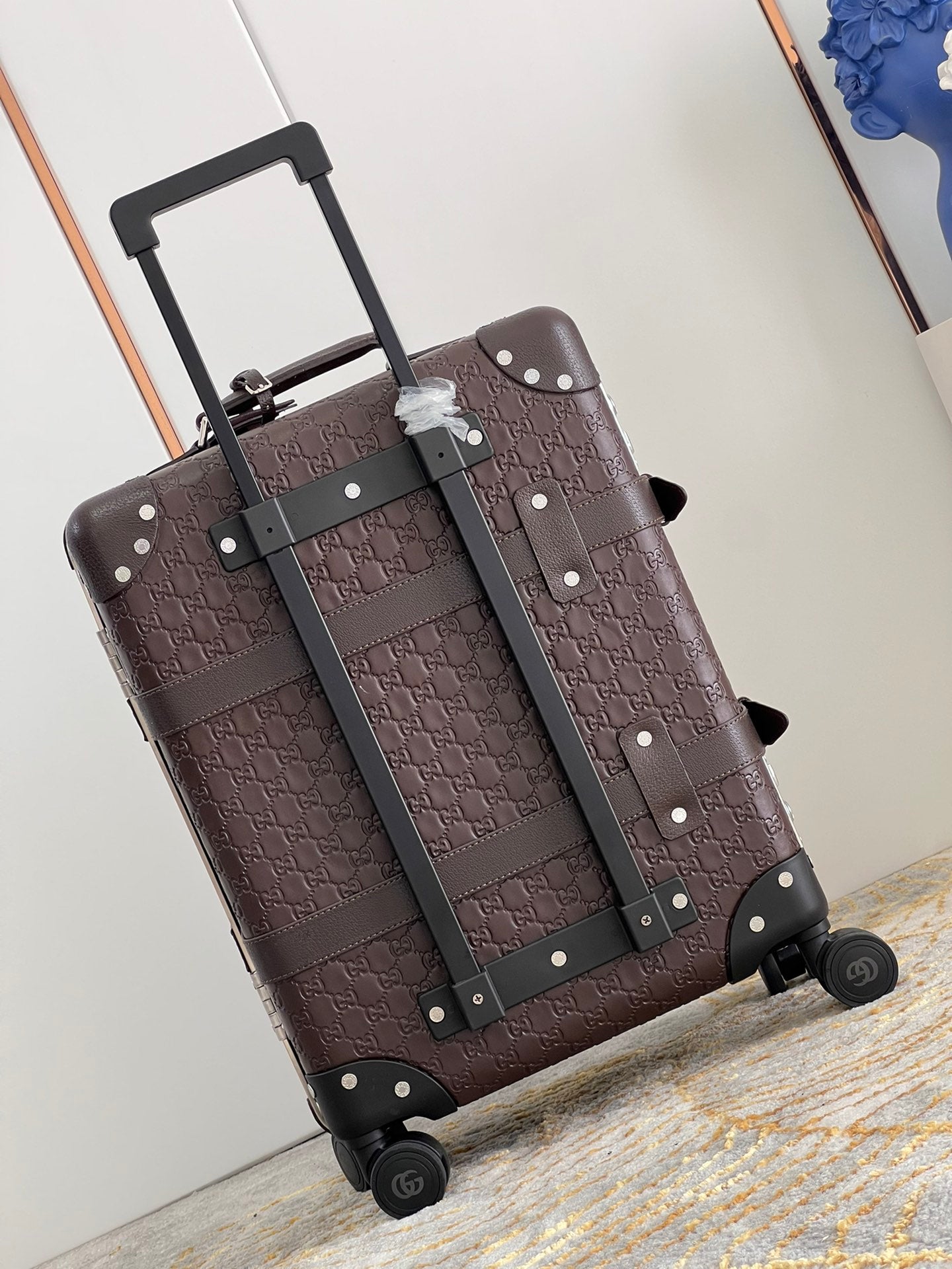 Vintage Brown Embossed Leather Spinner Luggage Suitcase