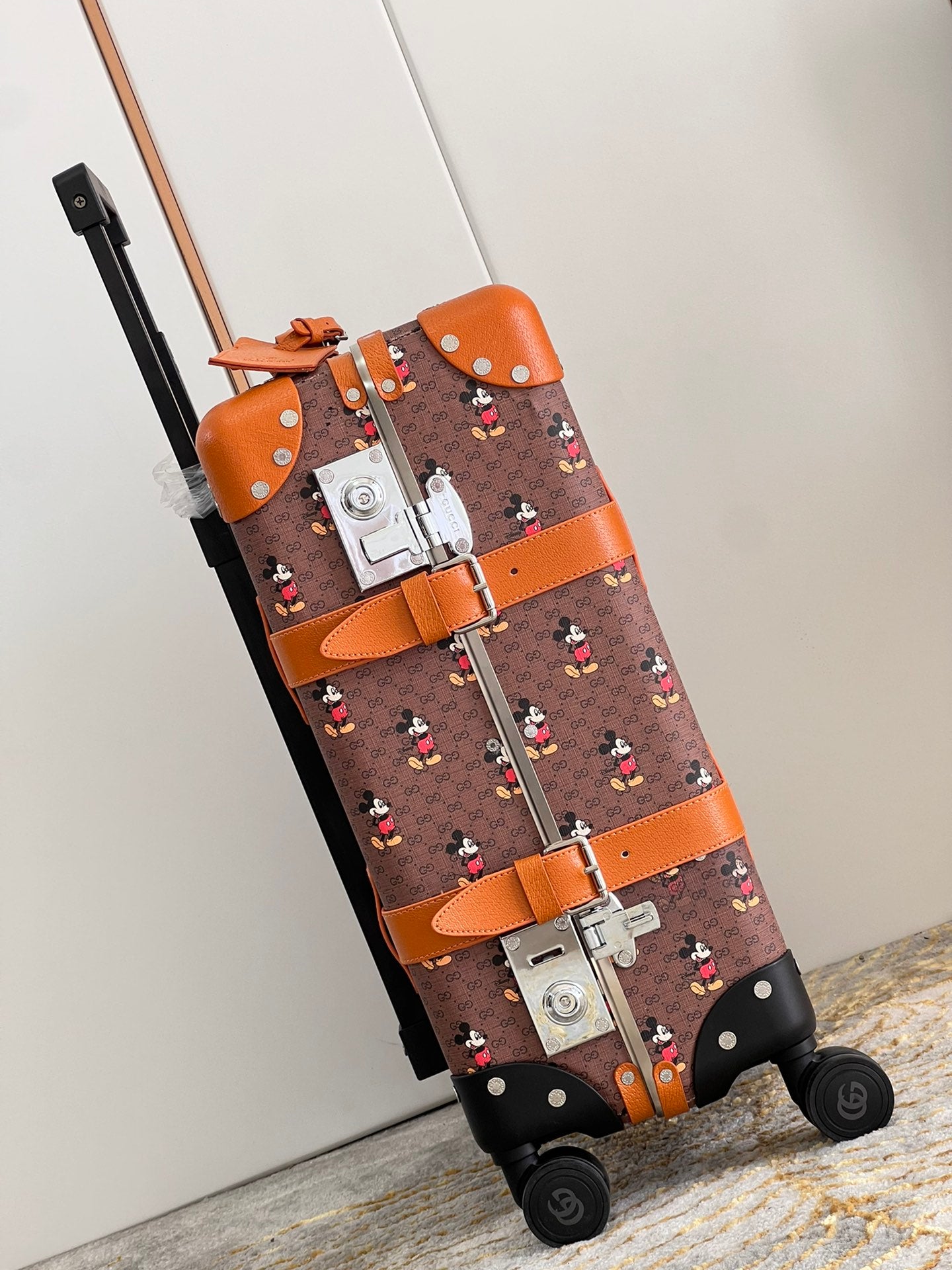 Vintage Brown Cartoon Mouse Printed Spinner Suitcase Travel Trunk