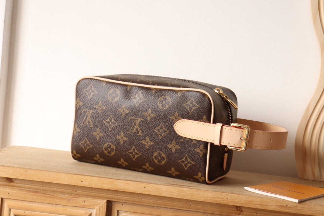Louis Vuitton Luxury Brown Monogram Toiletry Bag with Top Leather Handle