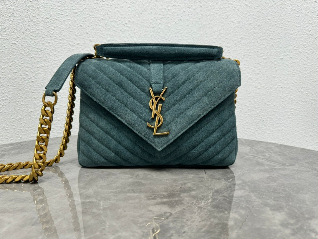 Saint Laurent Medium College Bag in Teal Green Suede with Gold-Tone Hardware