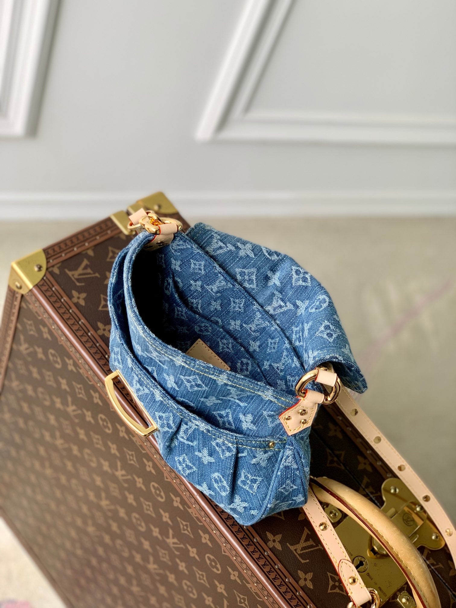 Louis Vuitton Vintage Style Blue Denim Monogram Shoulder Bag with Gold Hardware