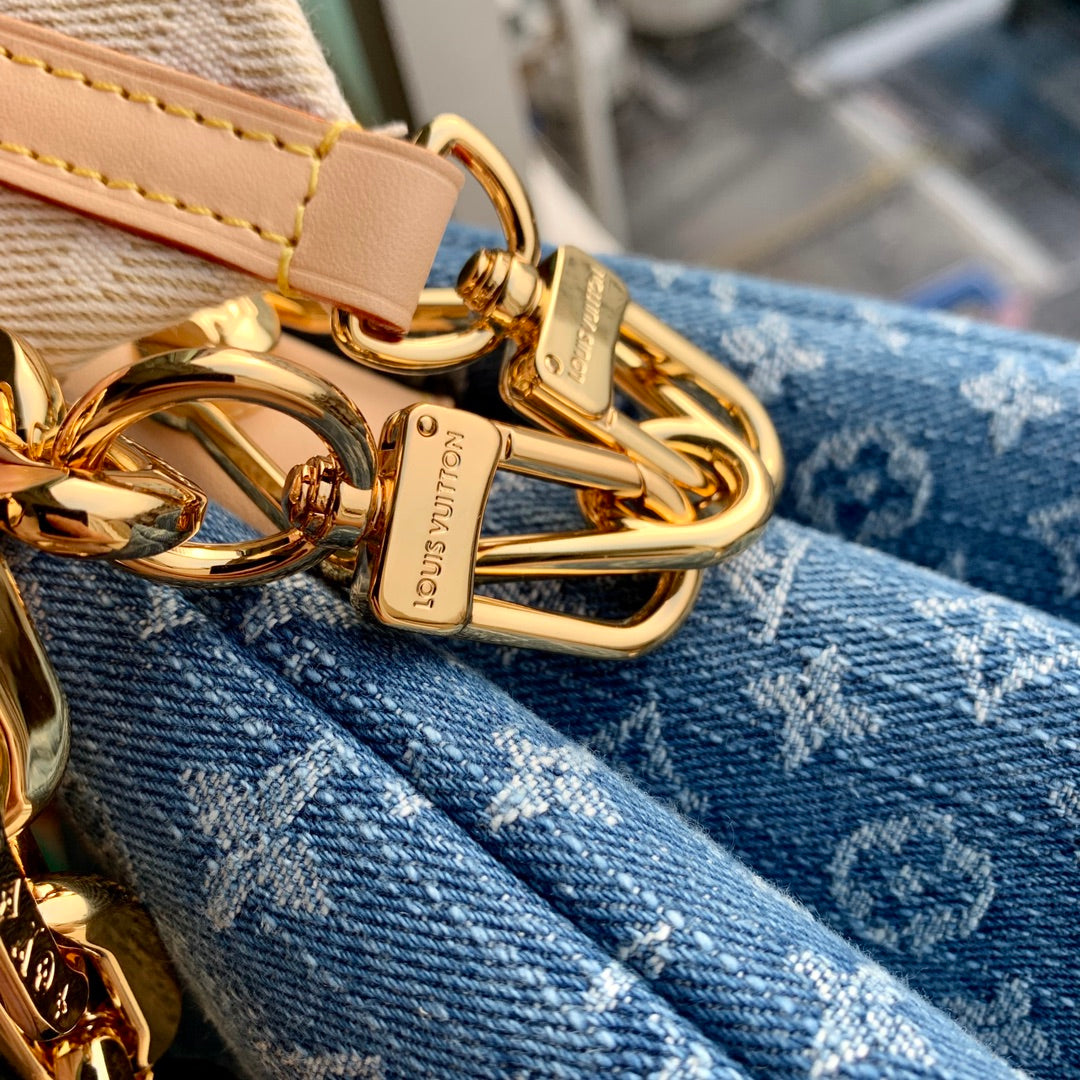 Louis Vuitton Blue Denim Monogram Print Crossbody Bag with Chunky Gold Chain