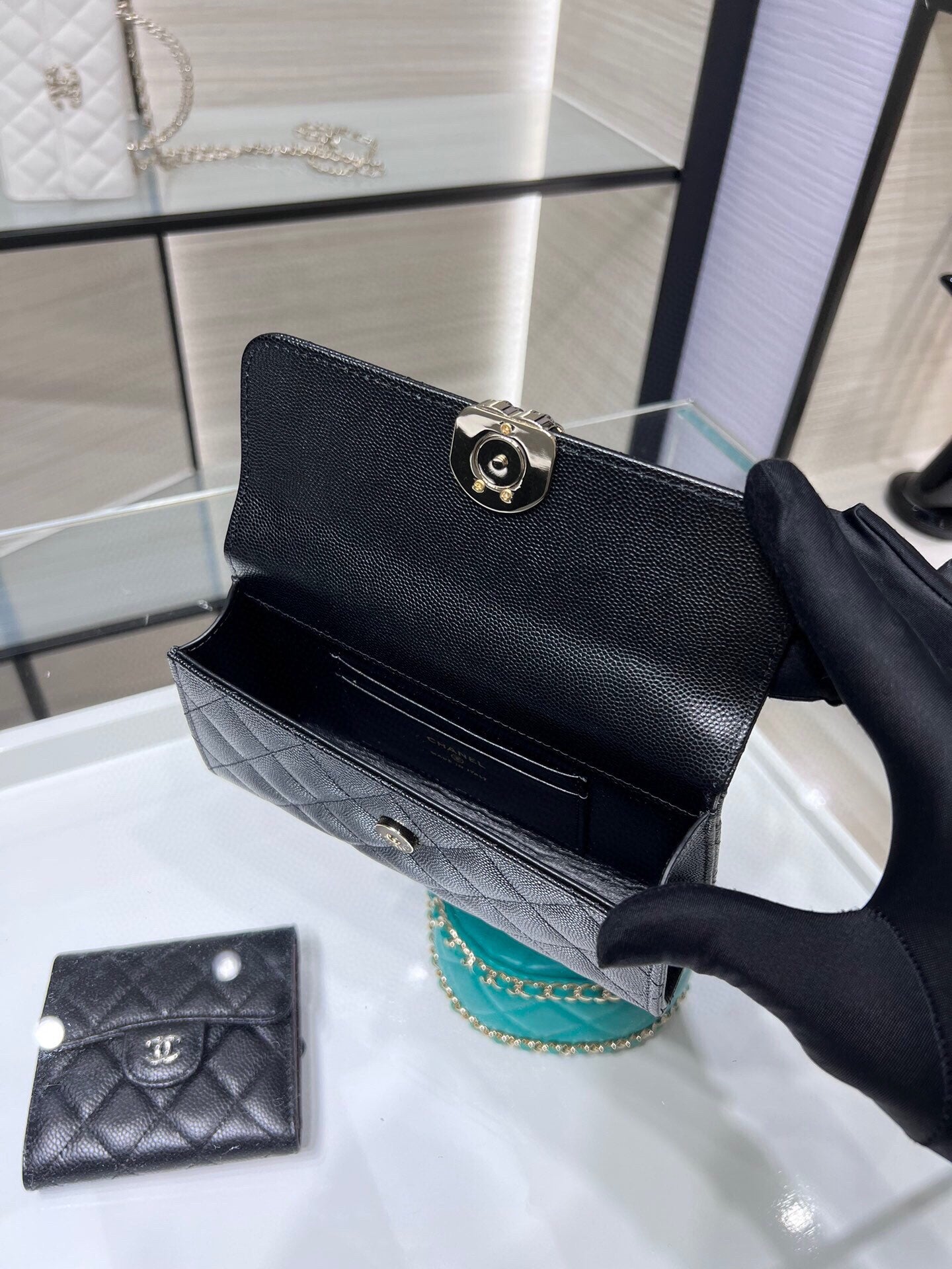 Chanel Black Quilted Lambskin Top Handle Wallet on Chain Gold-Tone Hardware
