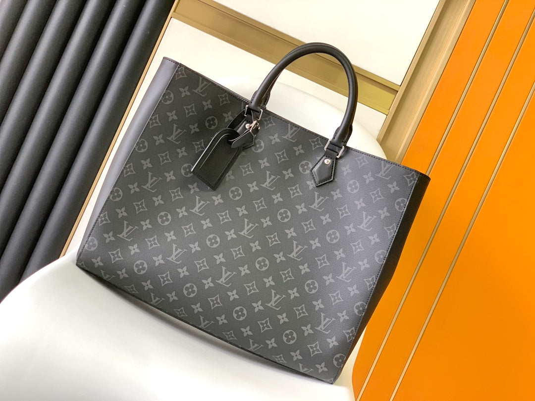 Louis Vuitton Structured Black Monogram Pattern Tote Bag with Top Handles
