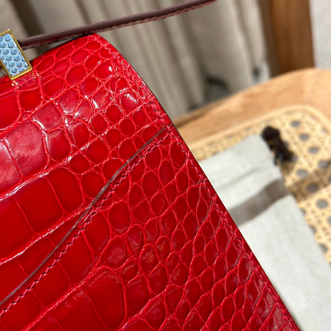 Luxury Red Alligator Leather Constance Bag with Silver Hardware