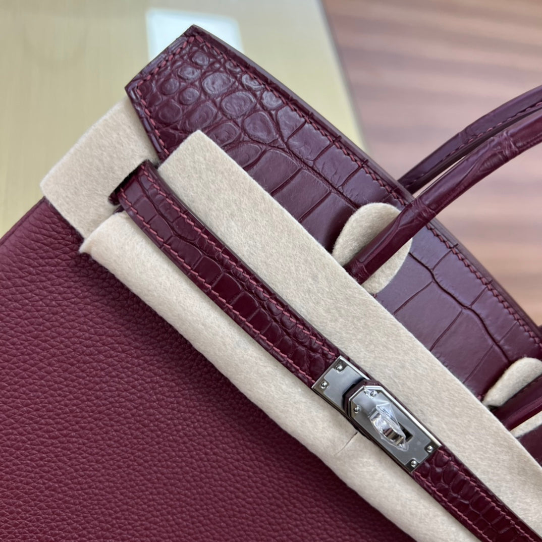Elegant Two-Tone Burgundy &amp; Cream Crocodile Embossed Top Handle Handbag