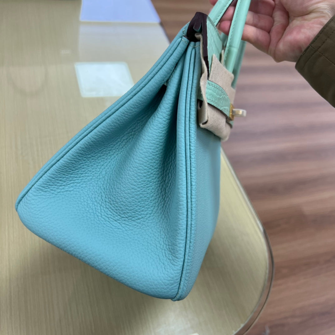 Luxury Two-Tone Leather Handbag - Mint Green and Light Blue Birkin Style Tote with Gold Hardware
