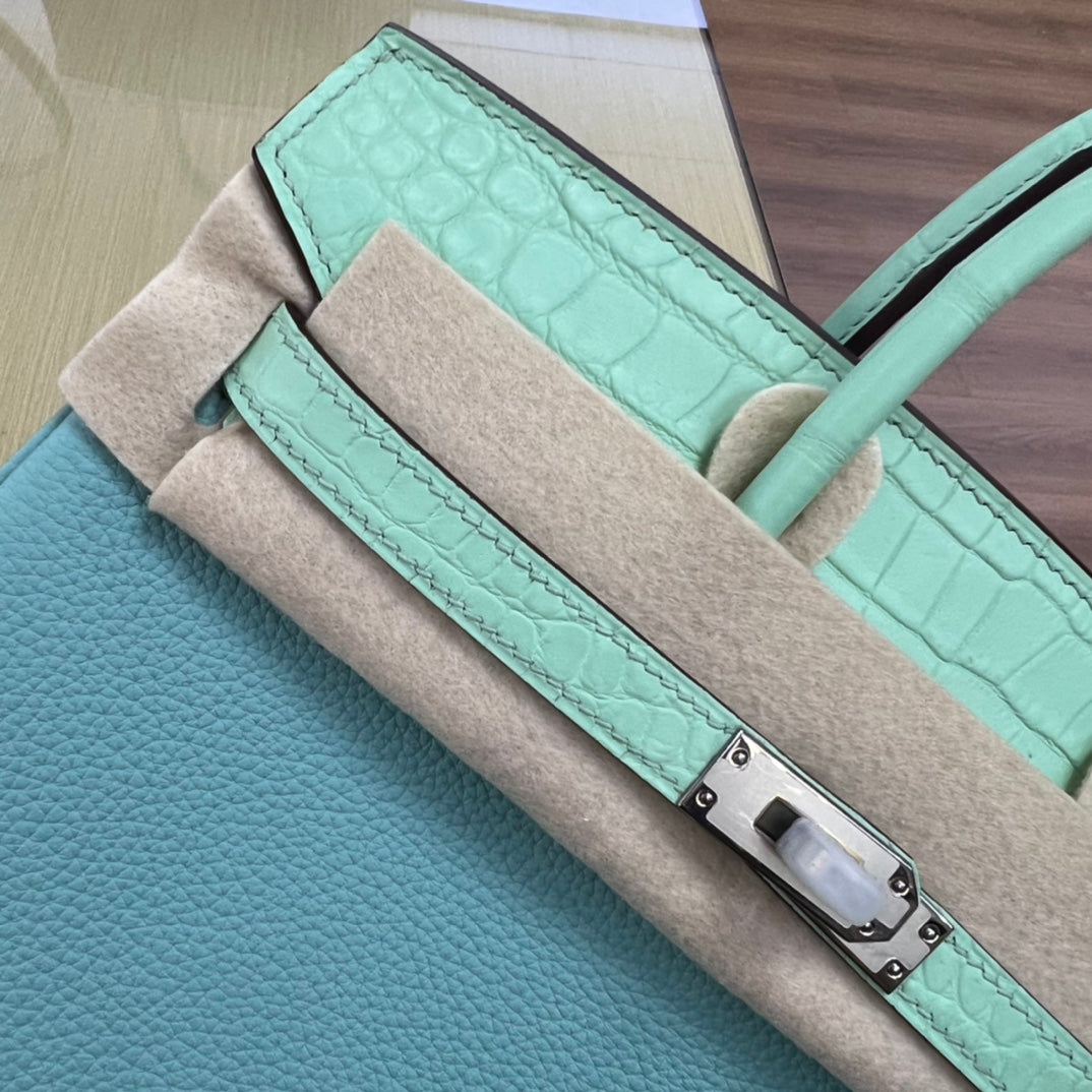 Luxury Two-Tone Leather Handbag in Turquoise and Mint Green with Silver Hardware