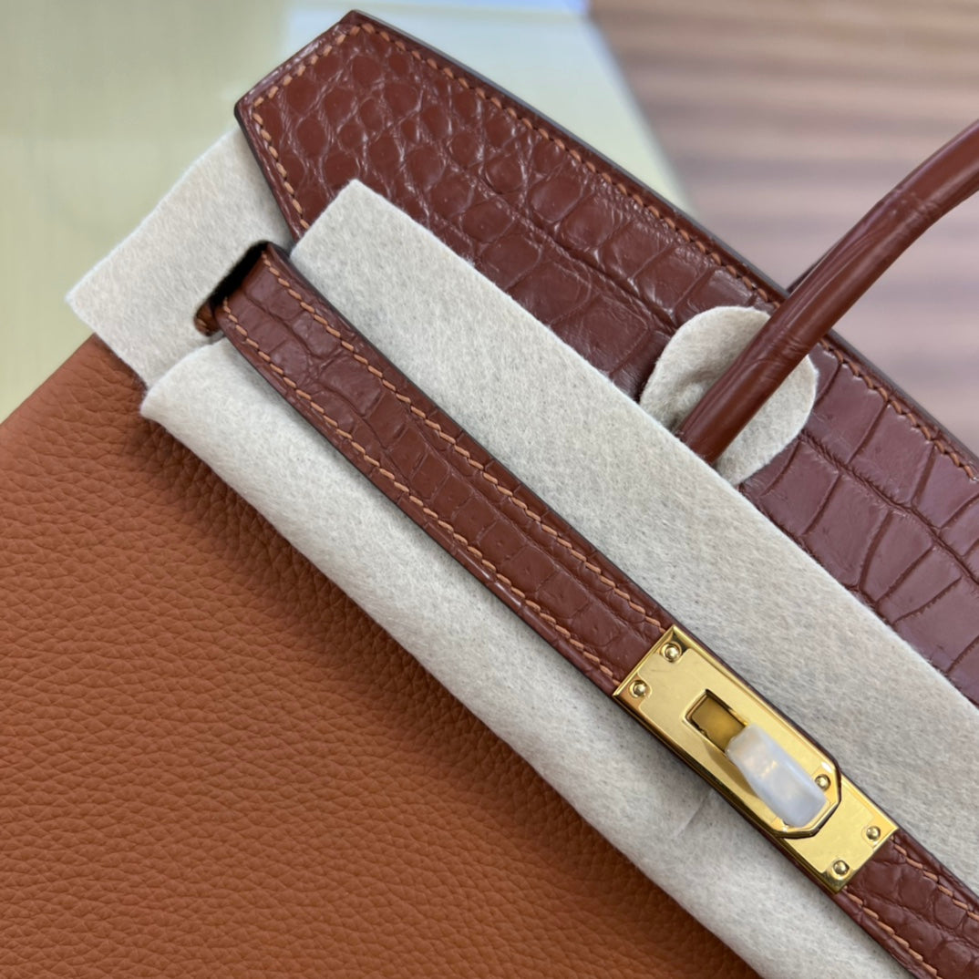 Elegant Brown Leather Top Handle Handbag with Crocodile Texture Accents