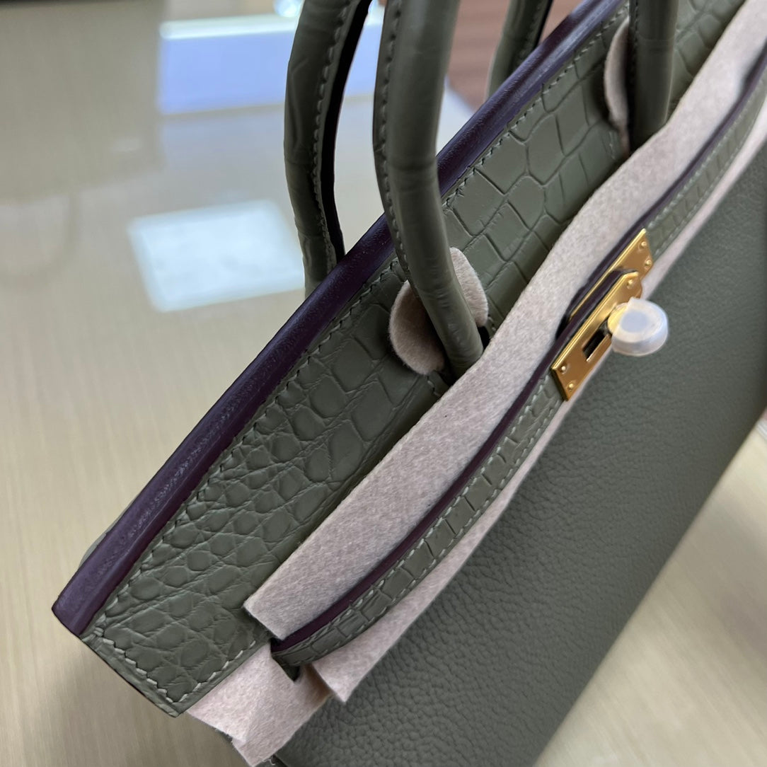 Elegant Sage Green Leather Top Handle Tote Bag with Gold Hardware