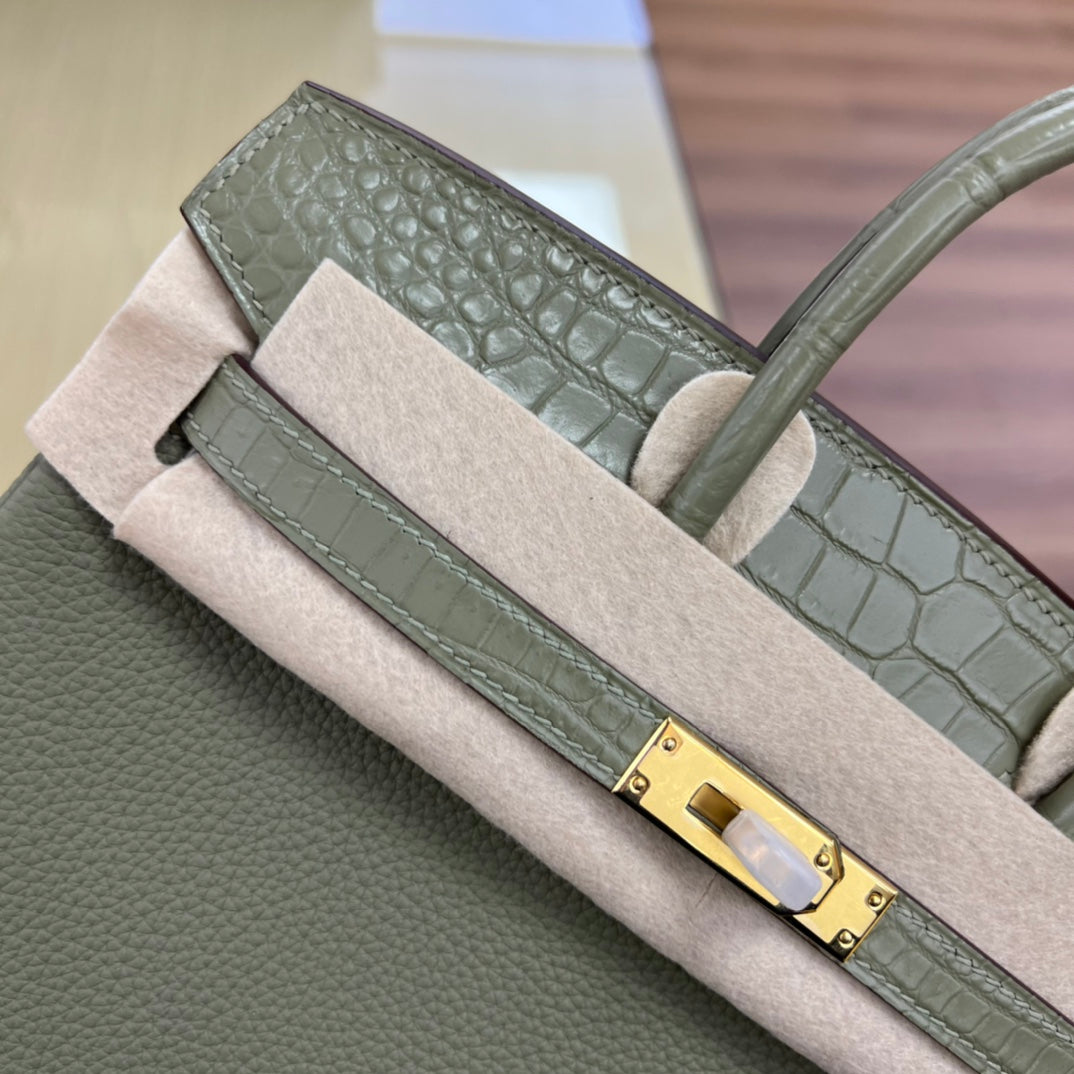 Elegant Sage Green Leather Top Handle Tote Bag with Gold Hardware