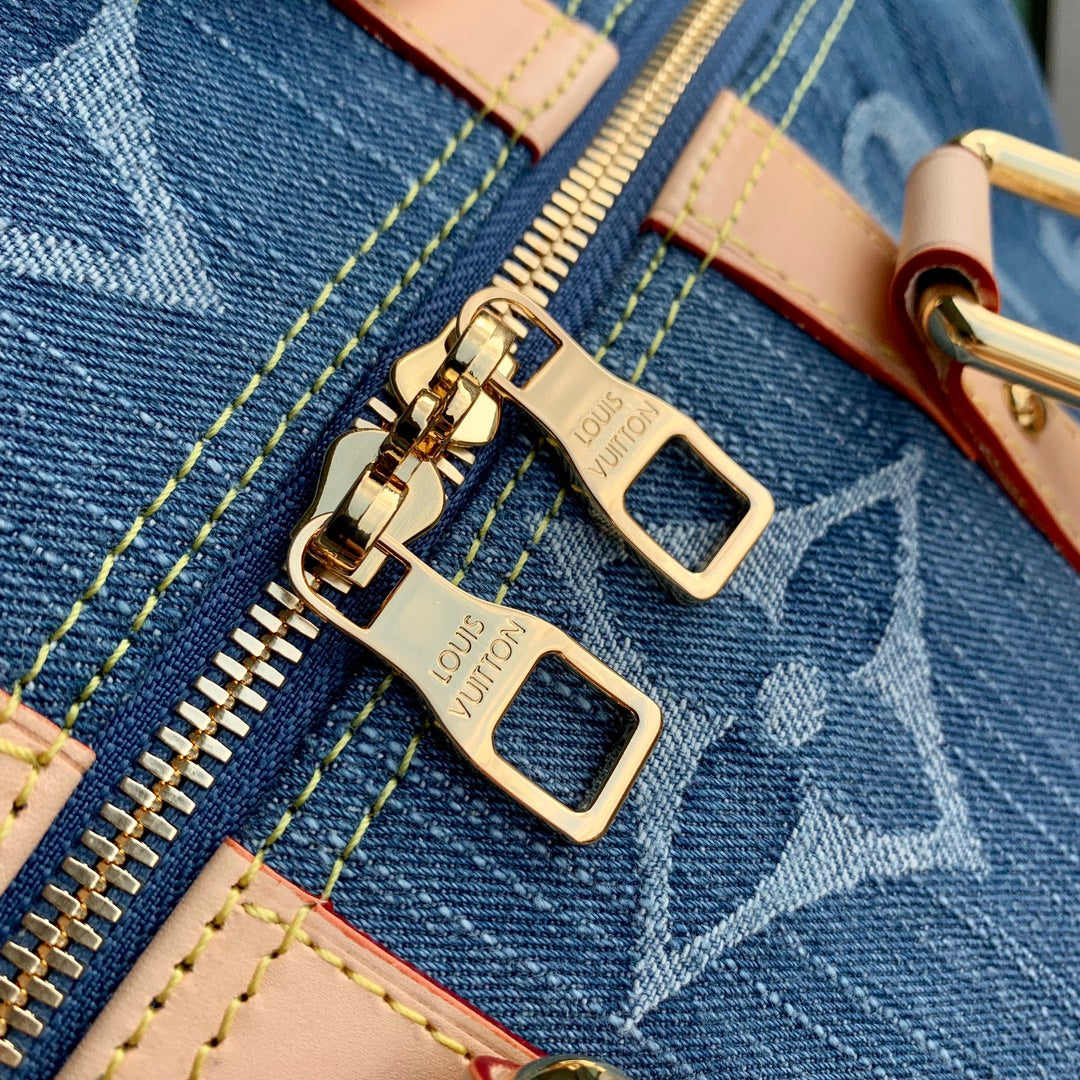 Louis Vuitton Blue Monogram Denim Weekender Travel Bag with Leather Trim