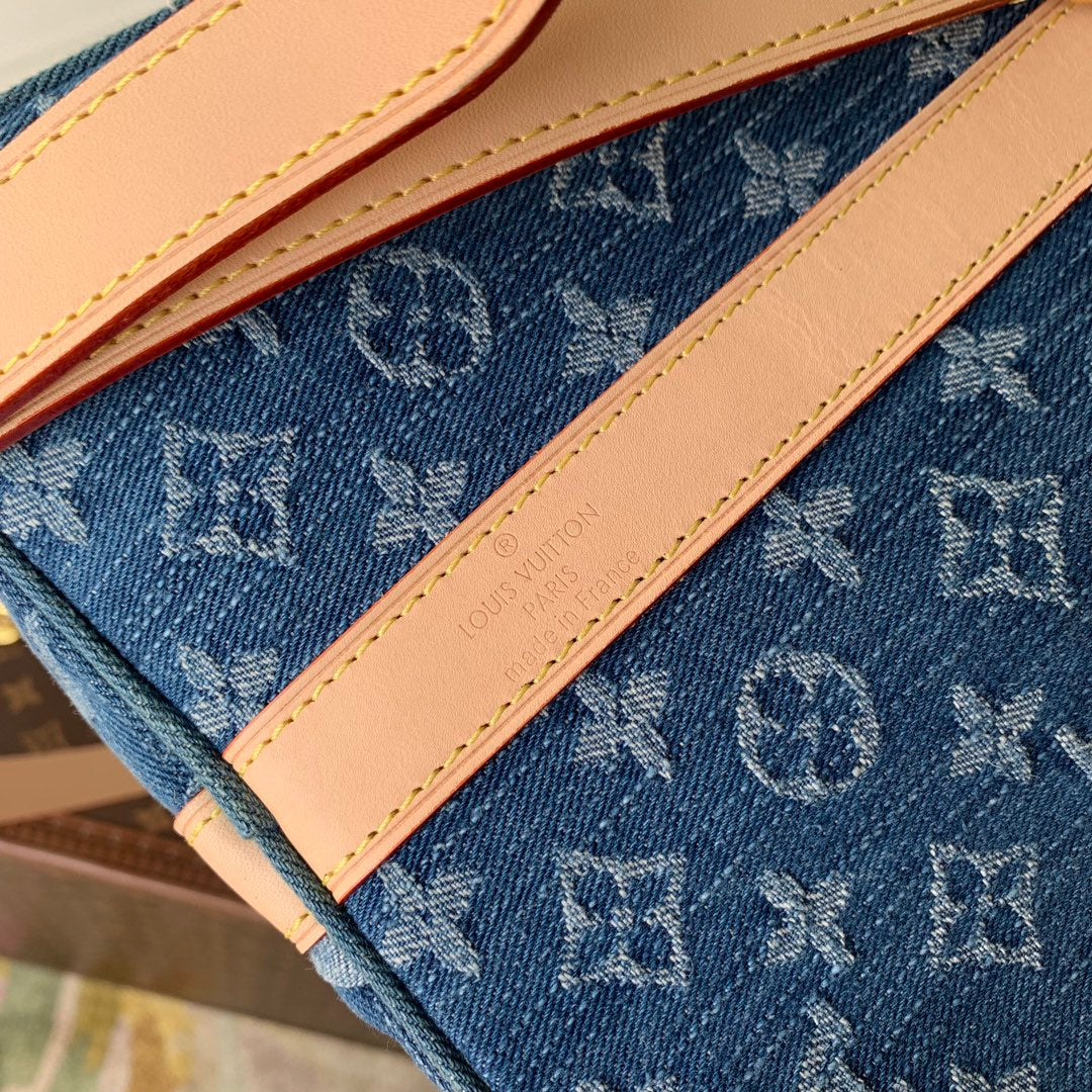 Louis Vuitton Blue Monogram Denim Weekender Travel Bag with Leather Trim