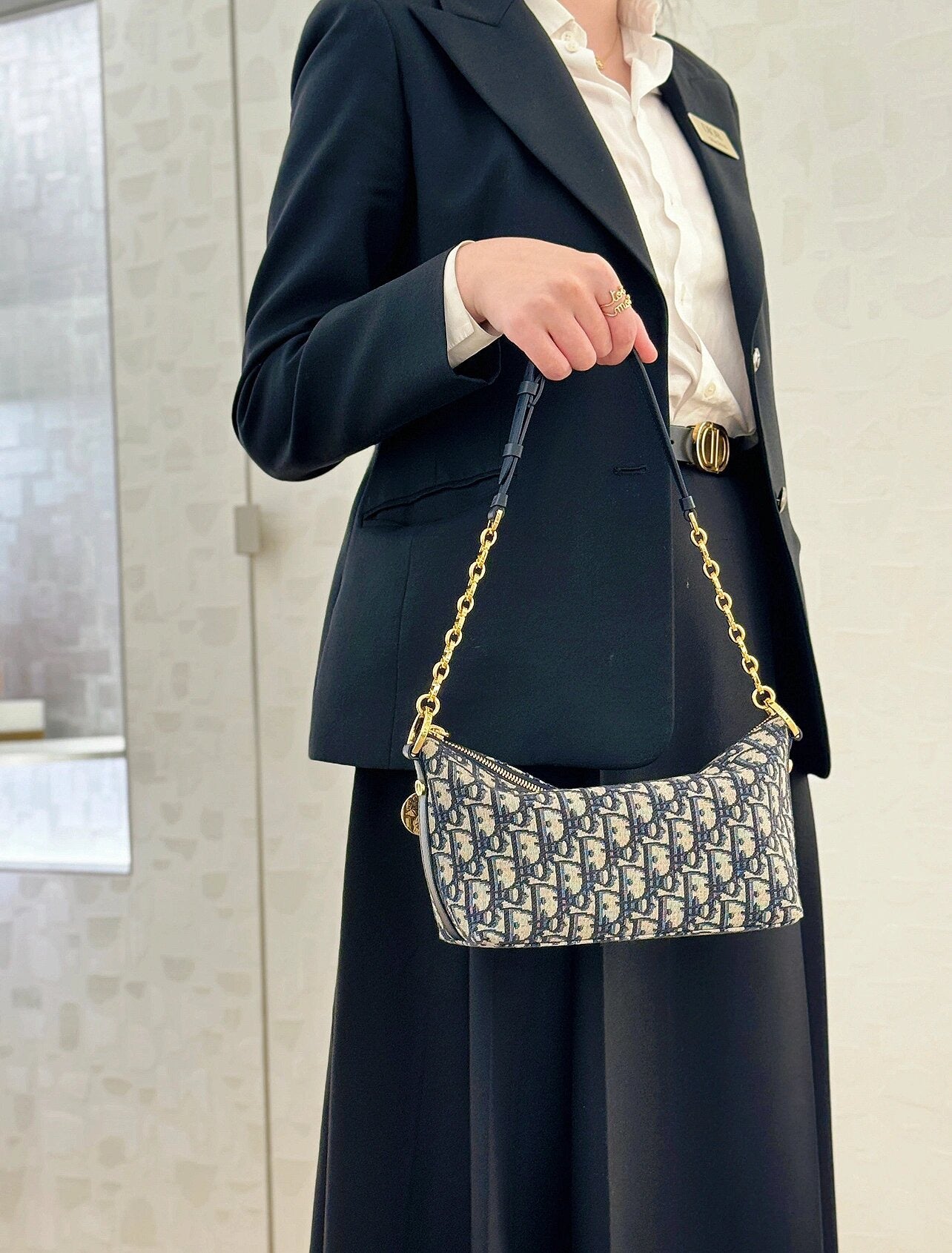 Dior Vintage Monogram Jacquard Baguette Shoulder Bag with Gold Chain