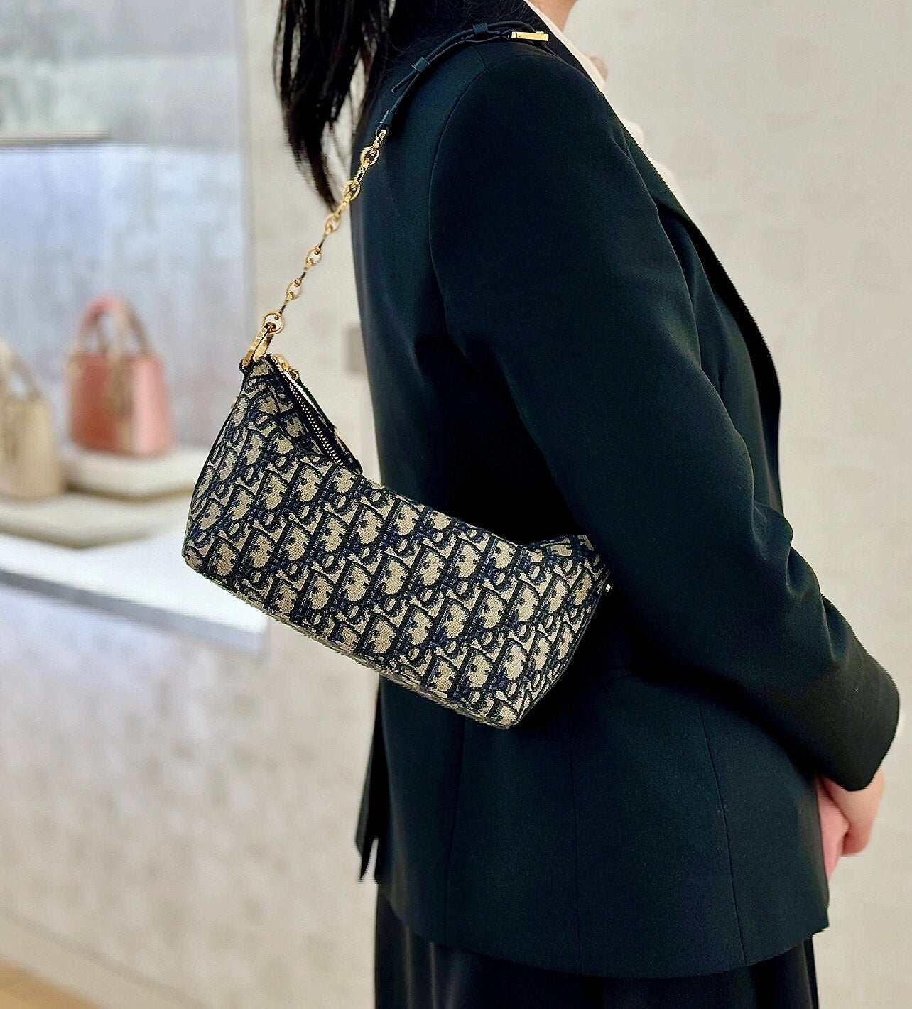 Dior Classic Monogram Canvas Baguette Shoulder Bag with Gold Chain