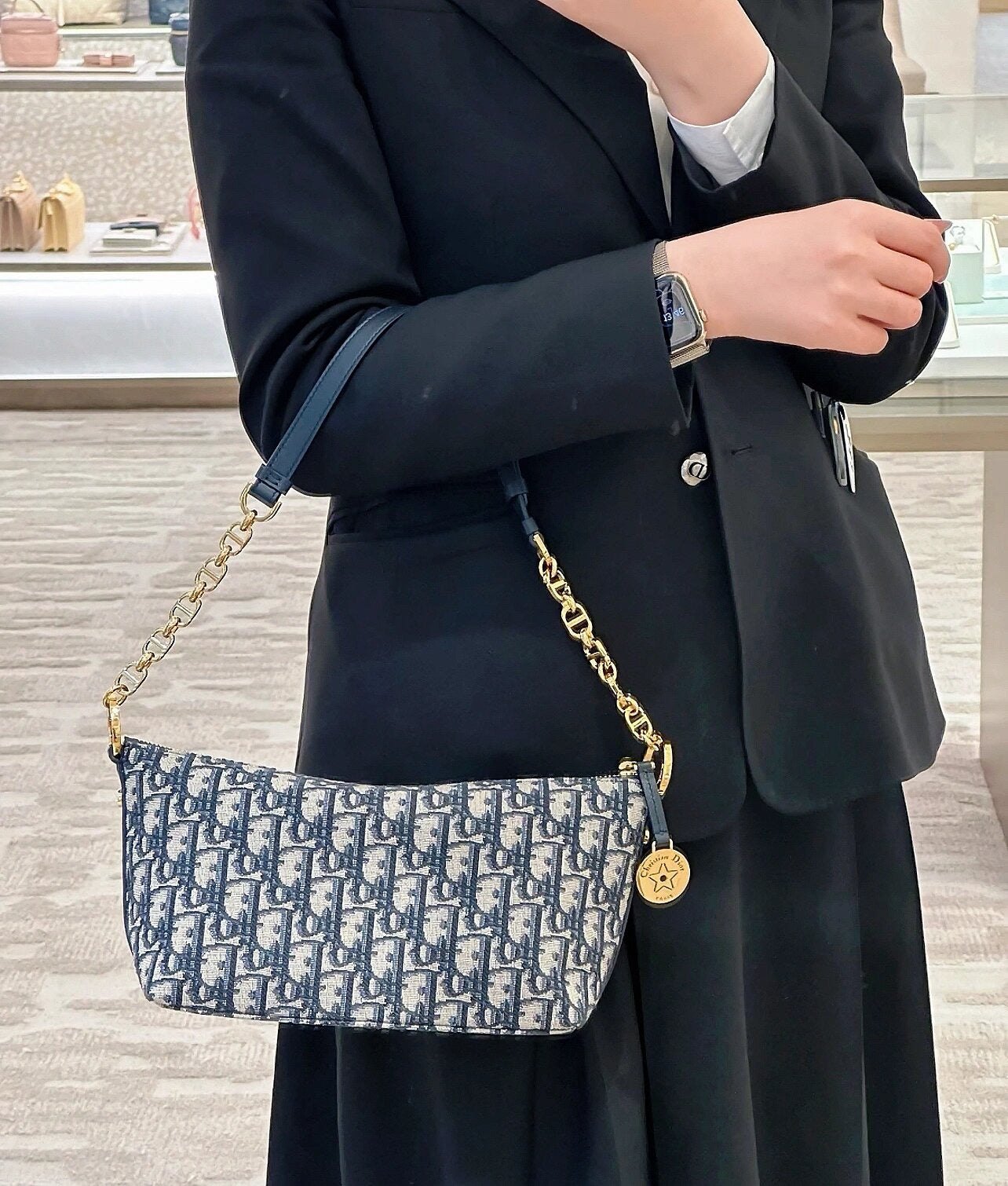 Dior Vintage Monogram Jacquard Baguette Shoulder Bag with Gold Chain