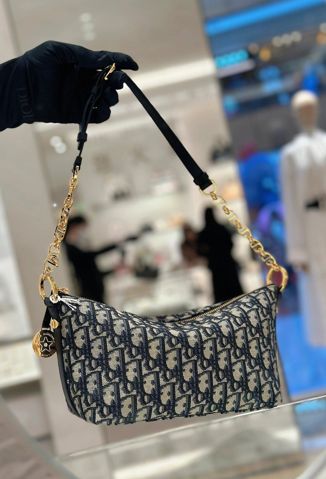 Dior Classic Monogram Canvas Baguette Shoulder Bag with Gold Chain