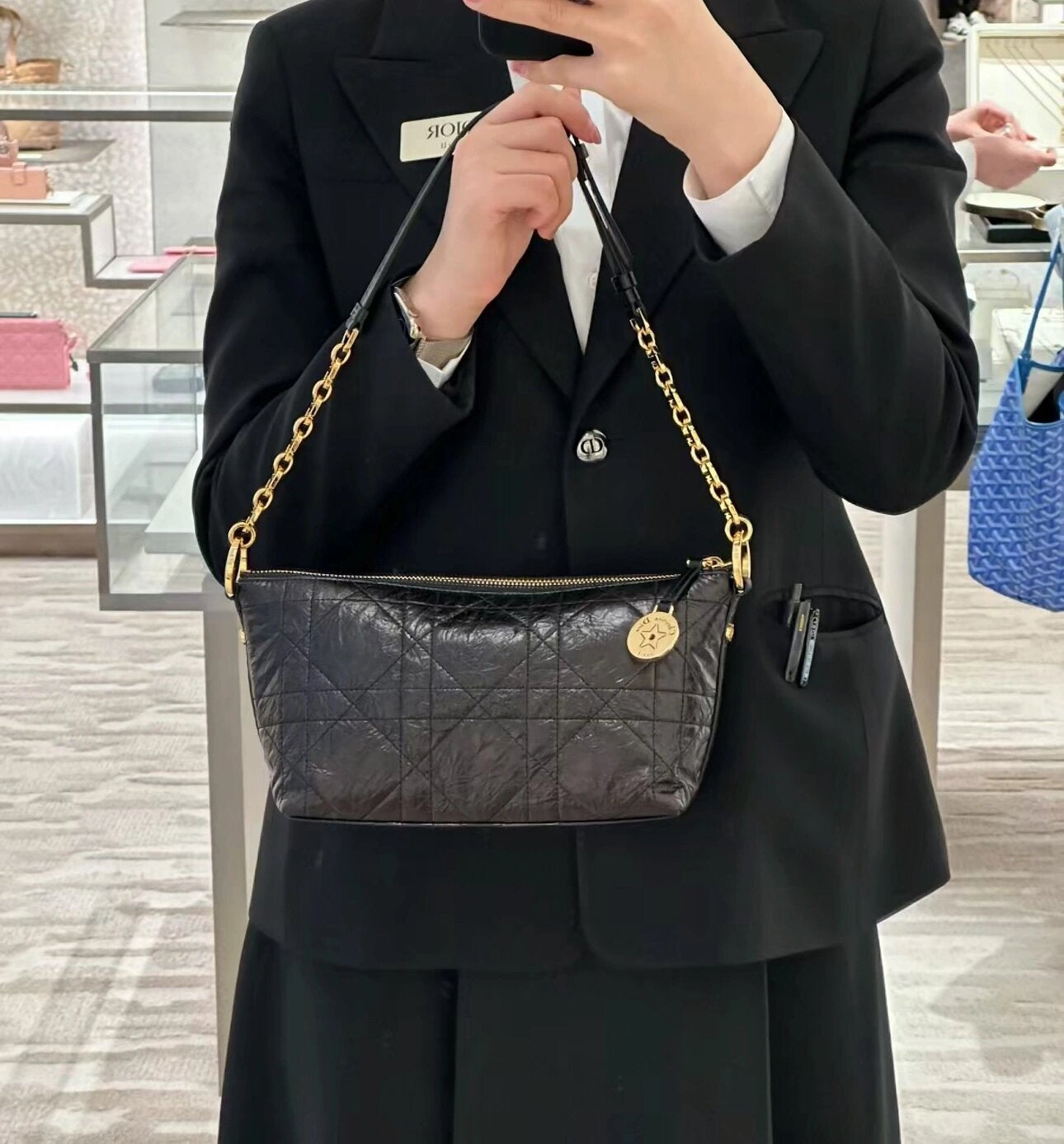 Dior Vintage Black Quilted Shoulder Bag with Gold Chain Strap