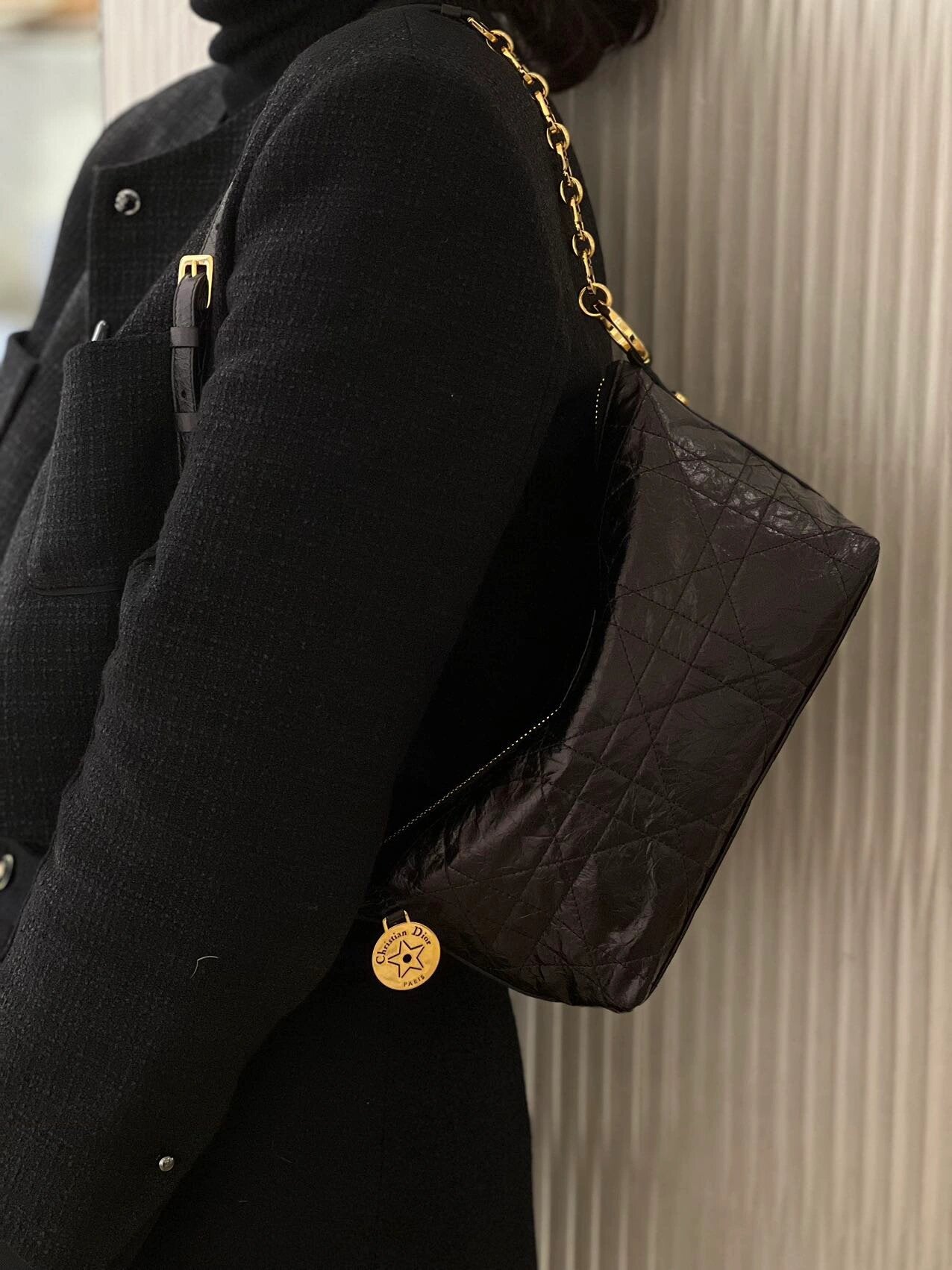 Dior Vintage Black Quilted Shoulder Bag with Gold Chain Strap