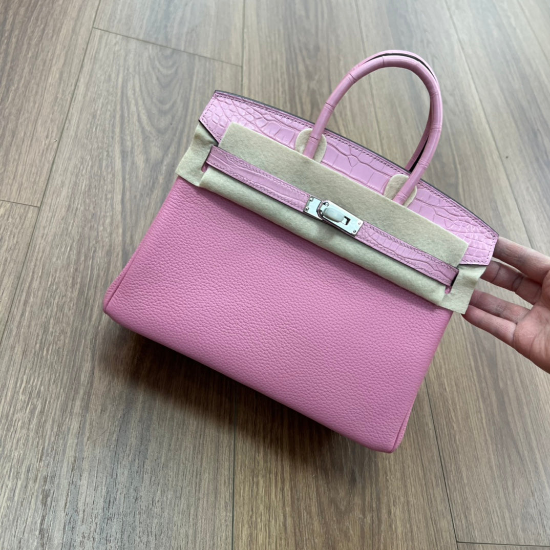 Elegant Burgundy and Cream Two-Tone Leather Handbag with Croc-Embossed Detail