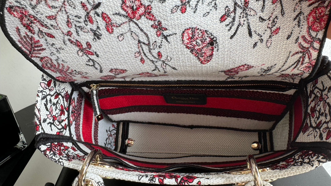 Dior Red and White Floral Canvas Top Handle Handbag with Shoulder Strap