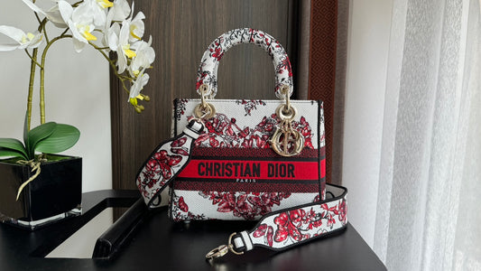 Christian Dior Lady D-Lite Medium Bag - Burgundy Toile de Jouy Embroidery